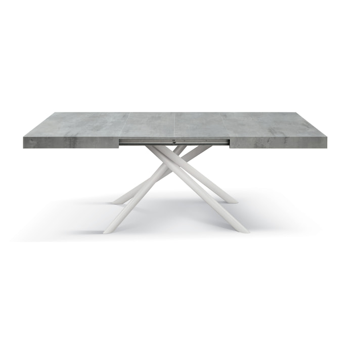 Tavolo CARRARA in legno, finitura grigio cemento e base in metallo verniciato bianco, allungabile 160x90 cm - 240x90 cm