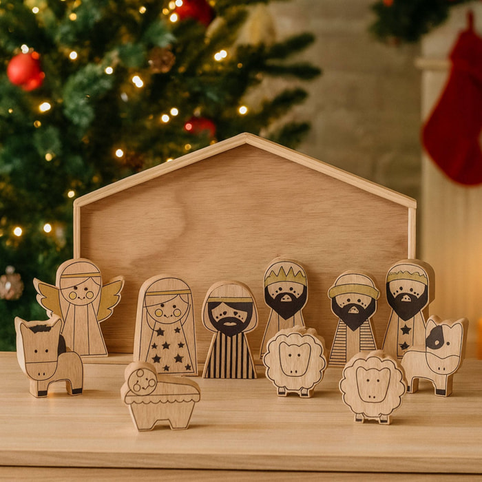 Belén infantil de madera para colores con 11 pzs 28,5x17,3x2cm