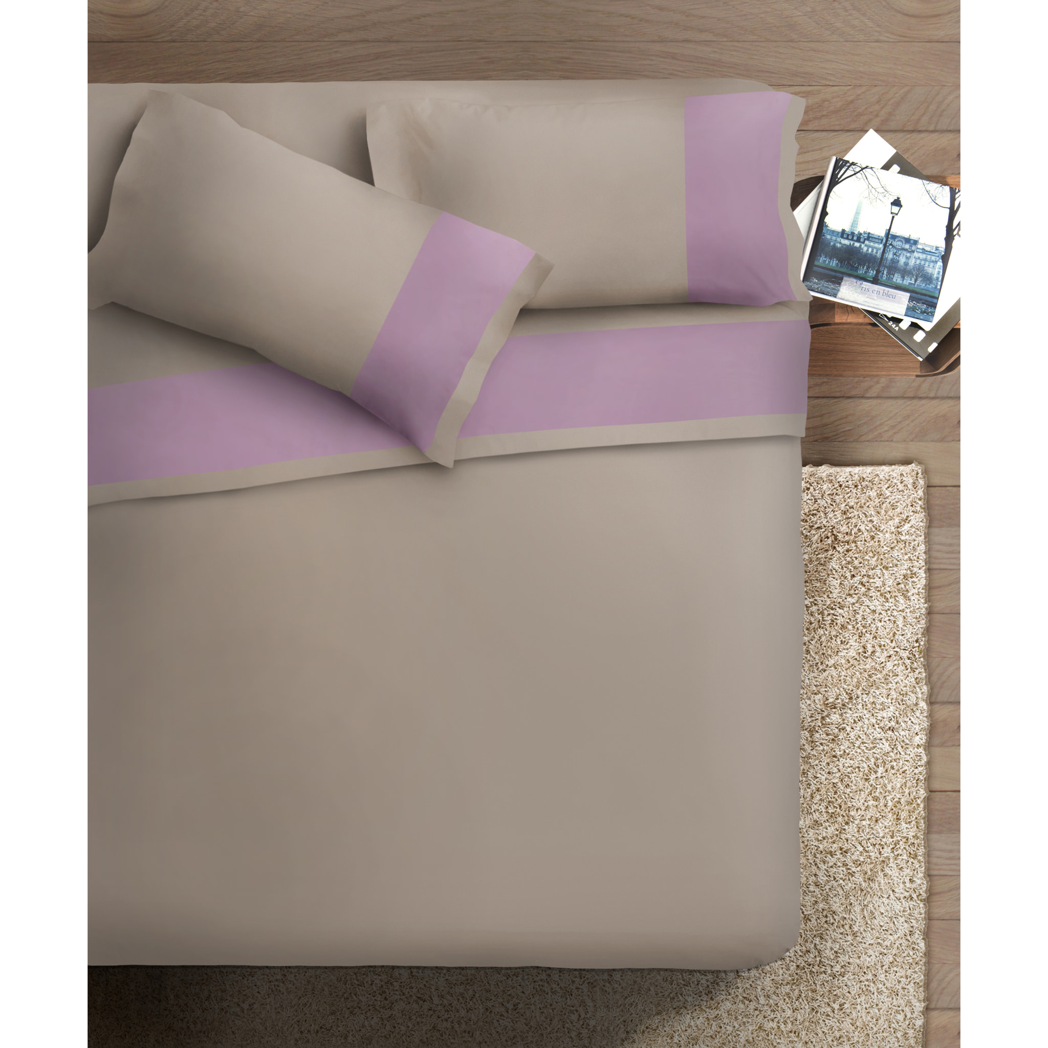 Completo letto bordo RASO IPERSAN Puro Cotone Malva fondo Tortora