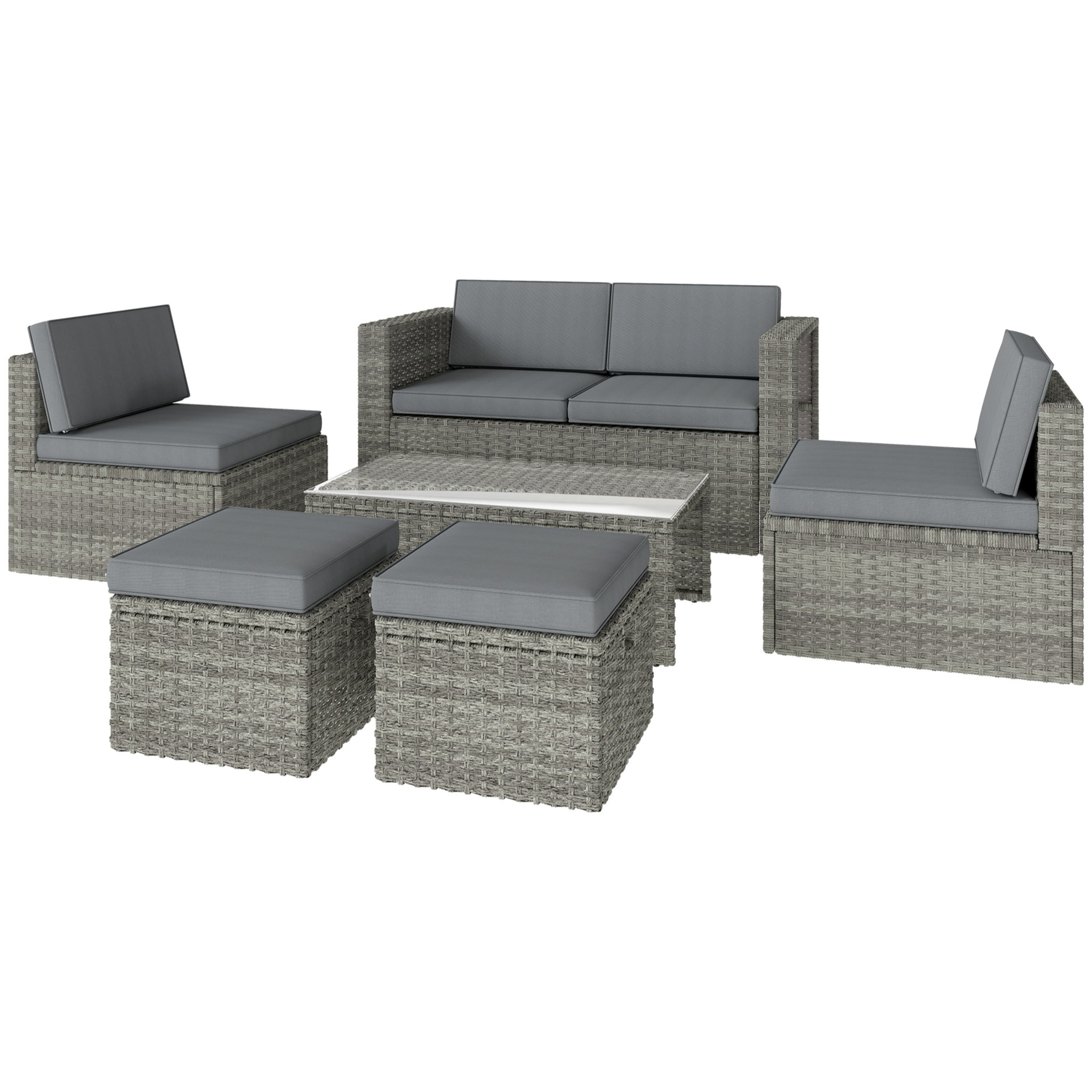 Salon de Jardin 6 personnes 6 pièces encastrable résine coussins déhoussables gris