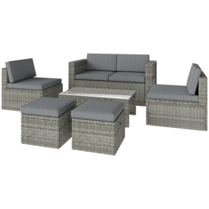 Salon de Jardin 6 personnes 6 pièces encastrable résine coussins déhoussables gris