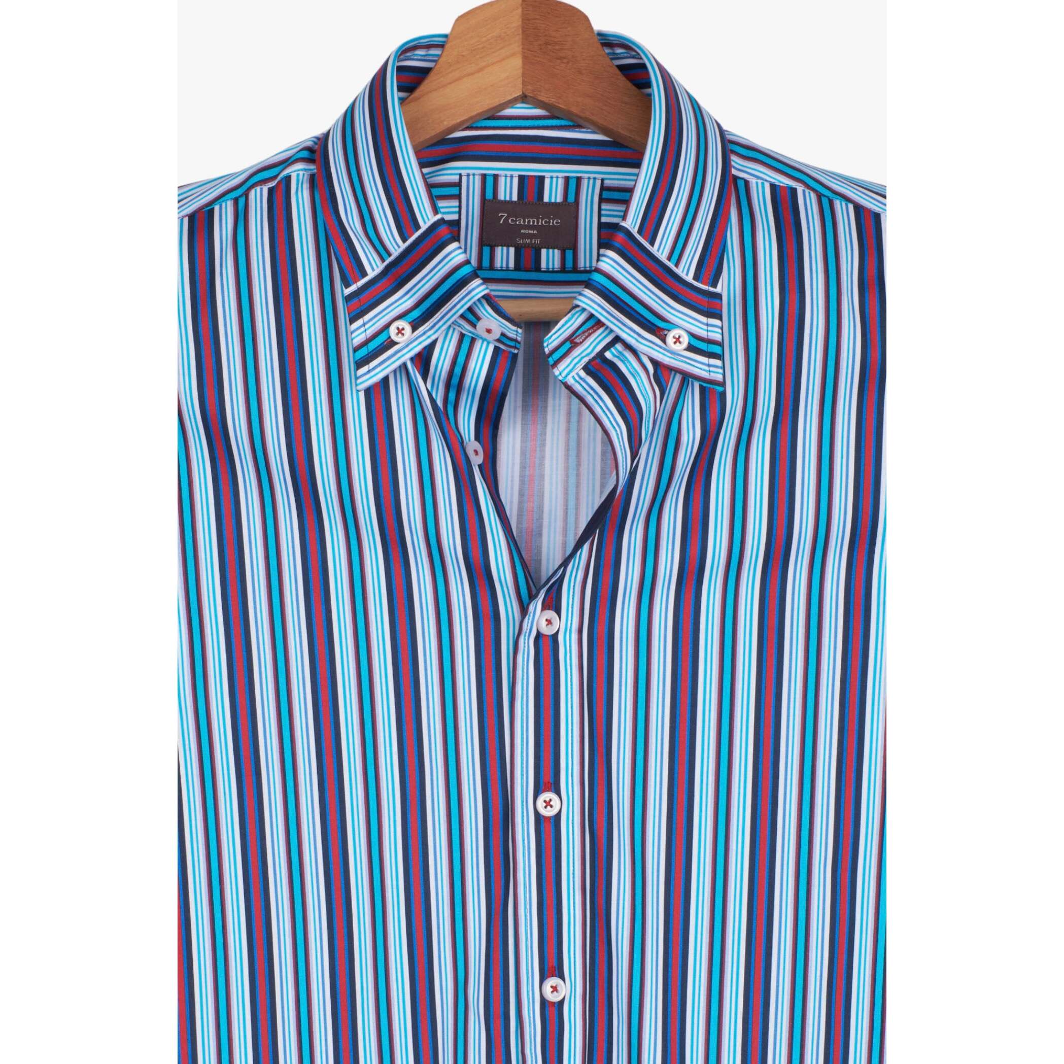 Camicia Uomo 1 Bottone Button Down Slim Popeline Stampato Blu/Celeste