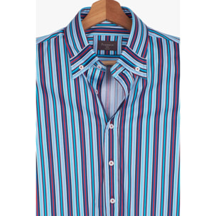 Camicia Uomo 1 Bottone Button Down Slim Popeline Stampato Blu/Celeste