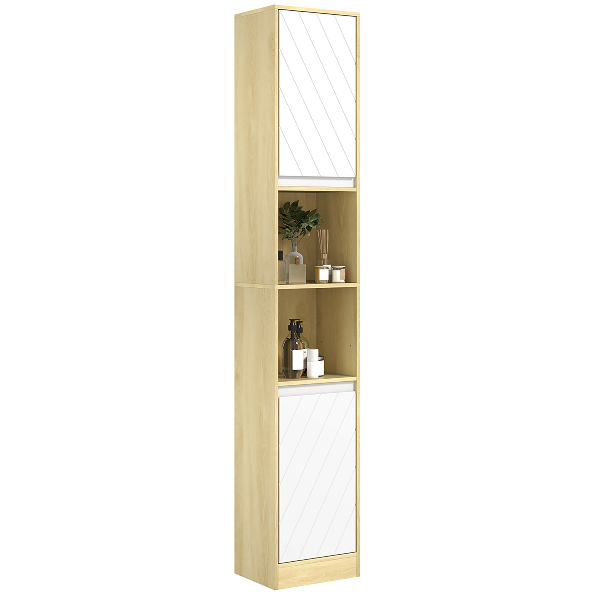 Armario de Baño Alto, Columna de Baño Estrecha con 2 Puertas y 2 Estantes Abiertos, para Espacios Pequeños, 30x24x170 cm, Roble y Blanco