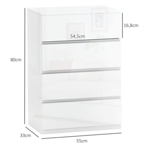Cómoda con 4 Cajones Cómoda de Dormitorio Moderno con Diseño Anti-vuelco Cajonera para Salón Pasillo 55x33x80 cm Blanco Brillante