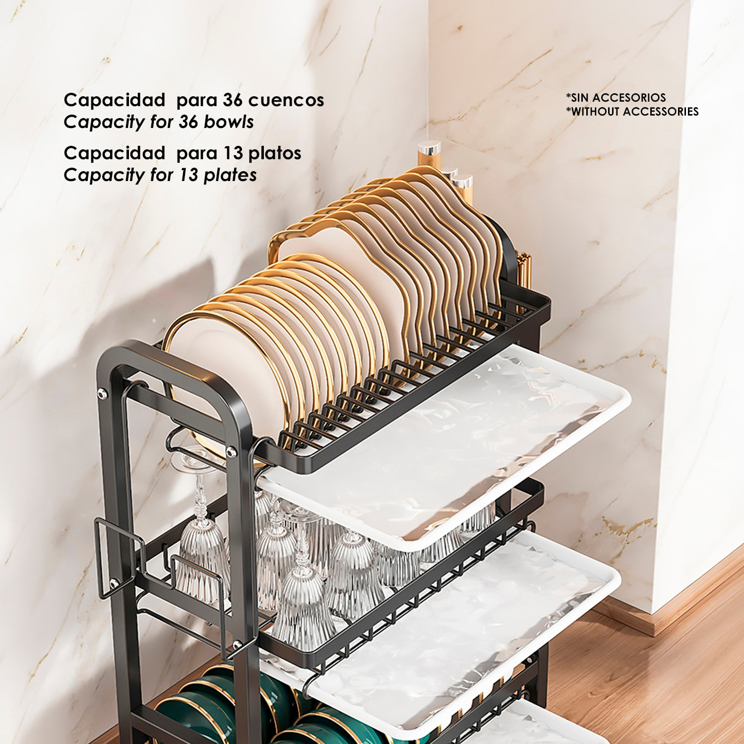 Repisa metálica de cocina con escurridor de 3 niveles, diseñada para organizar, secar y almacenar utensilios. Incluye bandejas recogegotas y gran capacidad de carga.