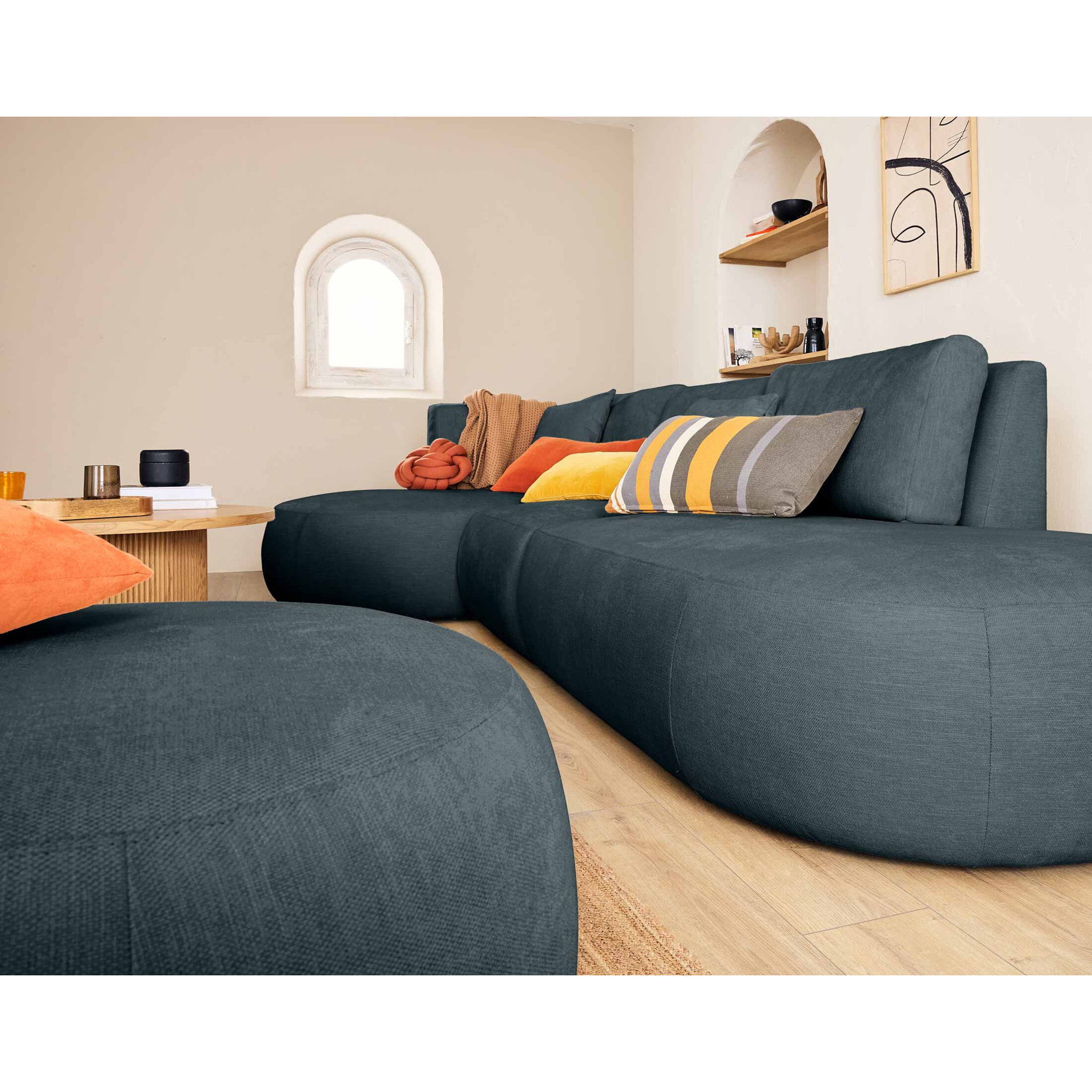 Santorini - module d'assise droit - en tissu texturé - Bleu grisé