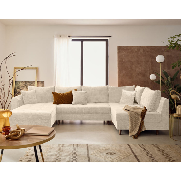 Rune - canapé panoramique d'angle droit 7 places en velours texturé - Beige