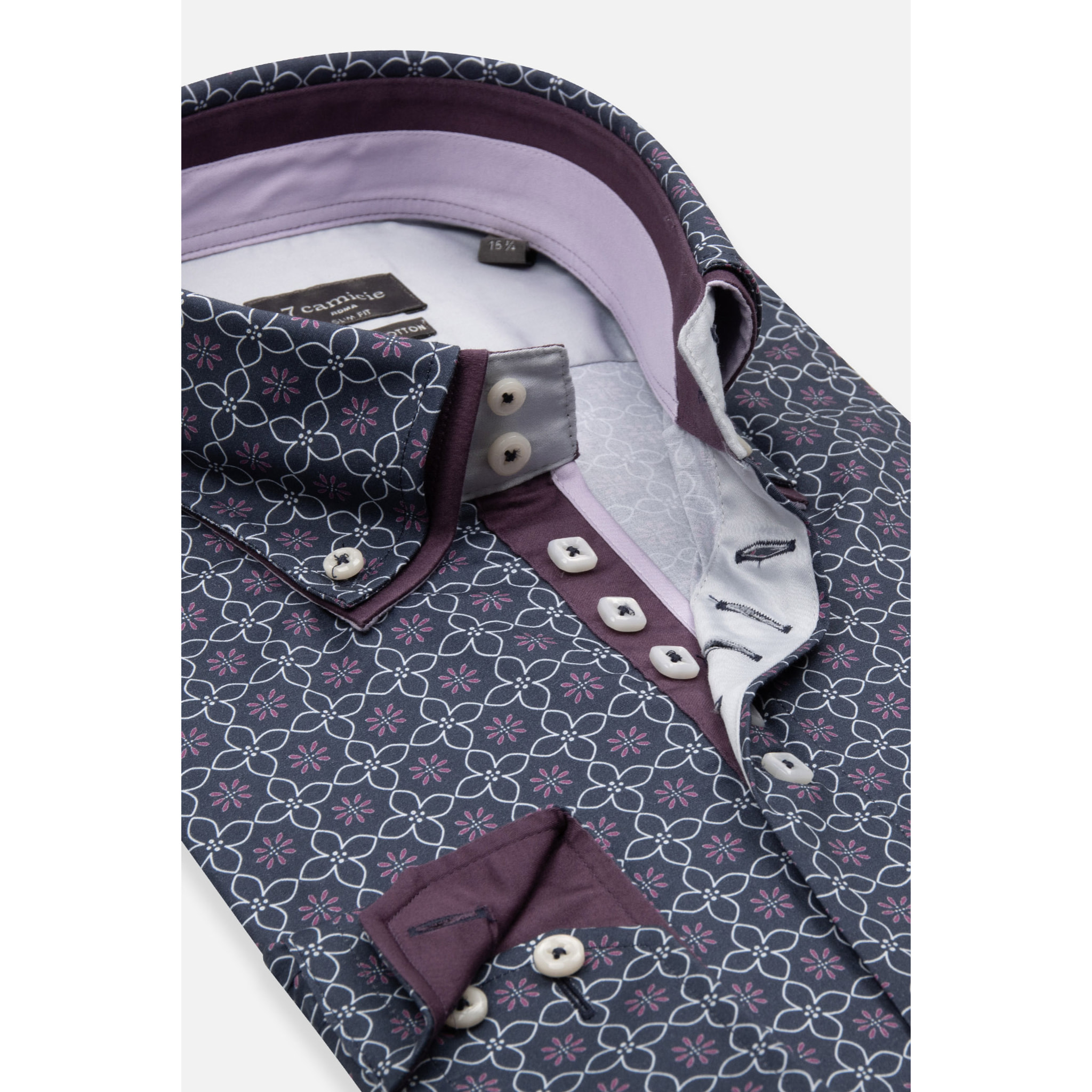 Camicia Uomo 2 Bottoni Button Down 7bottoni Doppio Coll Popeline Stretch Stampato Blu\Bianco