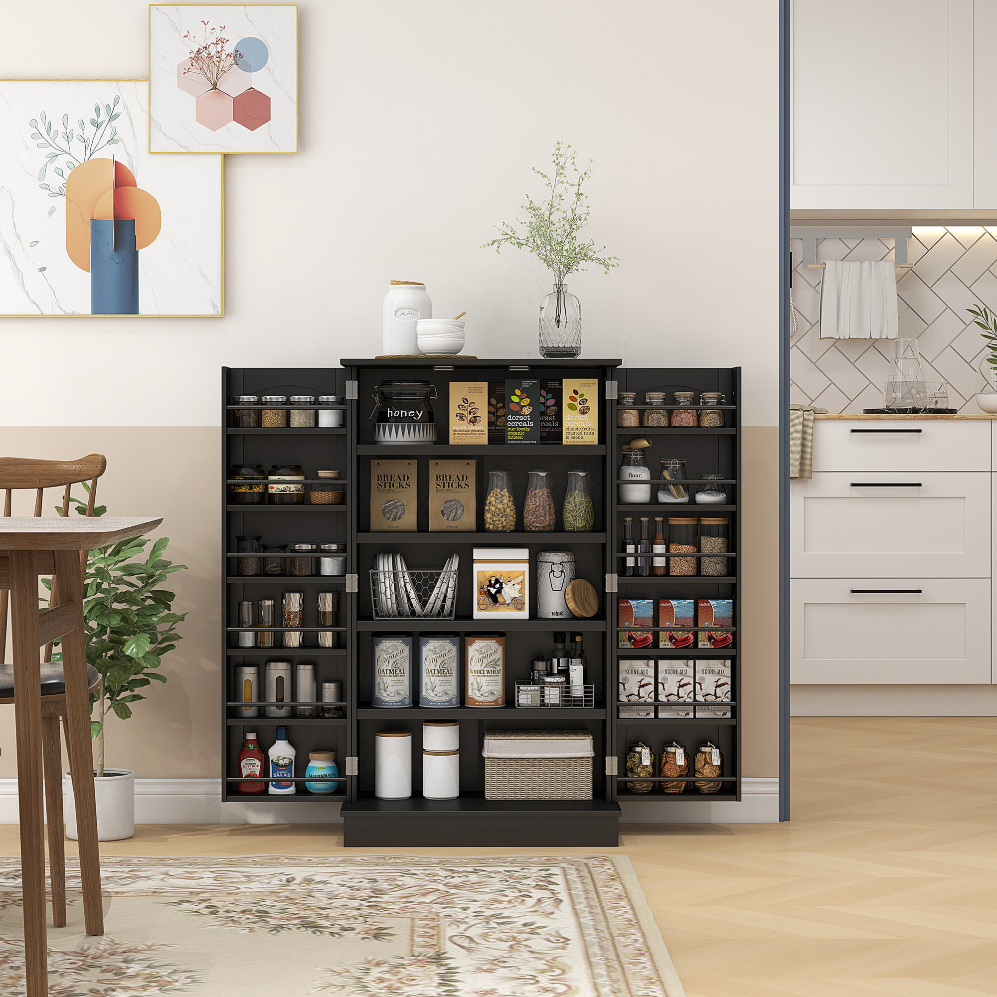 Armario de Cocina Armario Despensa Cocina con 2 Puertas y 16 Estantes Alacena Moderna con Estantes Ajustables para Comedor Salón 60x30x104 cm Negro
