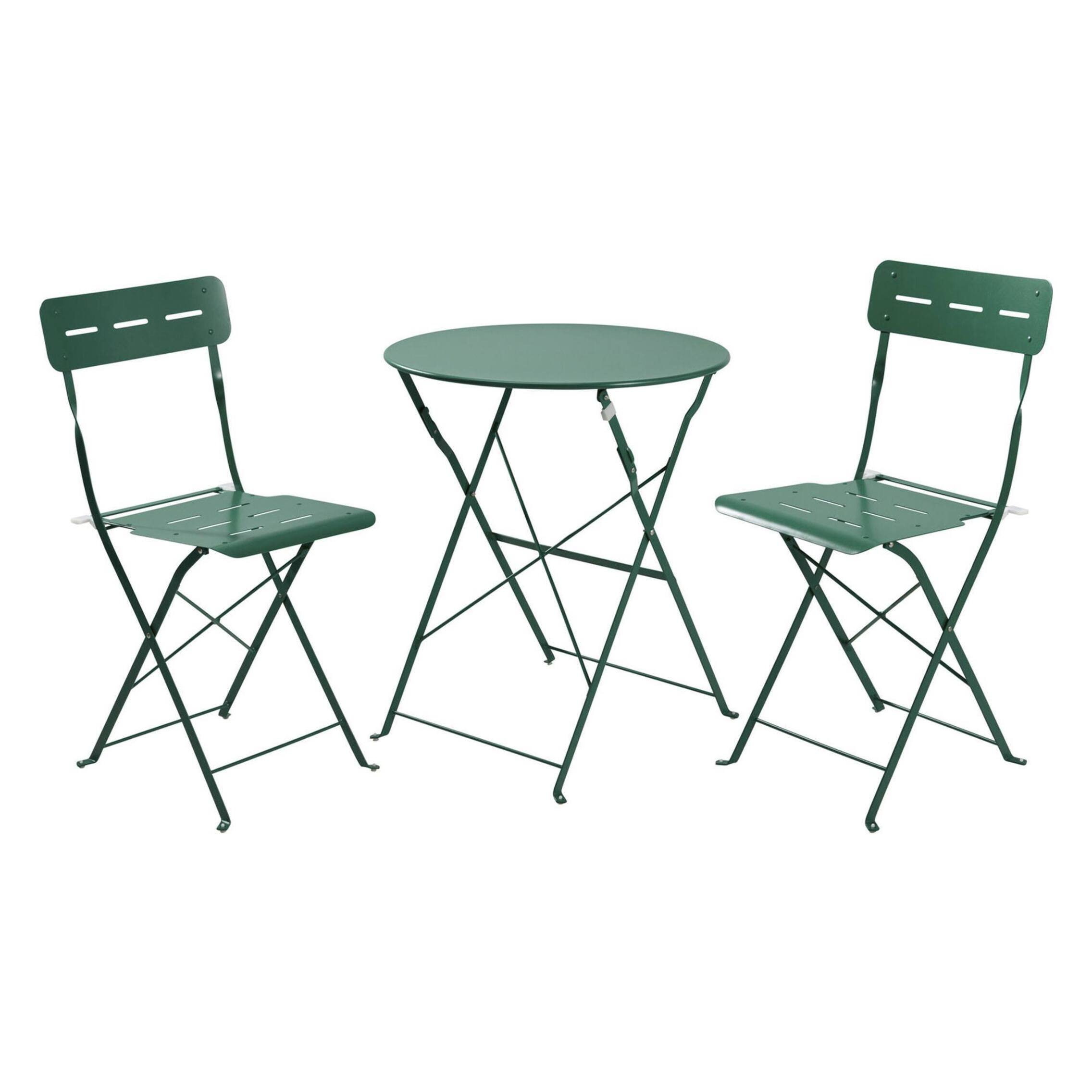 Set bistro plegable de 3 piezas (mesa 60cm + 2 sillas) en acero y verde, compacto para balcón