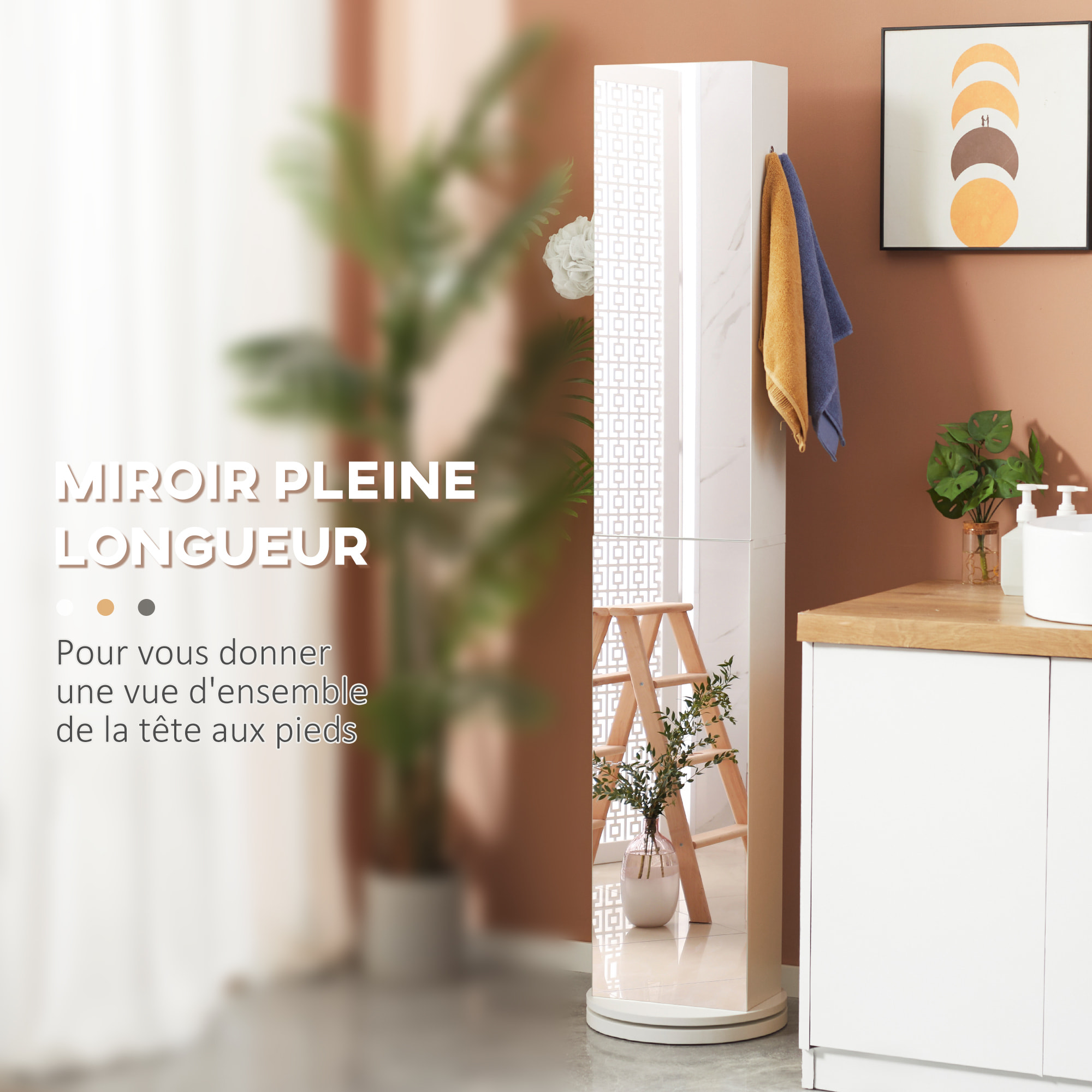 Meuble colonne de salle de bain pivotant avec miroir - 6 étagères - 36L x 36l x 171H cm - blanc