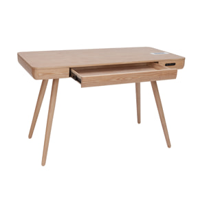 Bureau connecté multimédia  avec tiroir bois clair massif L120 cm CLEVER