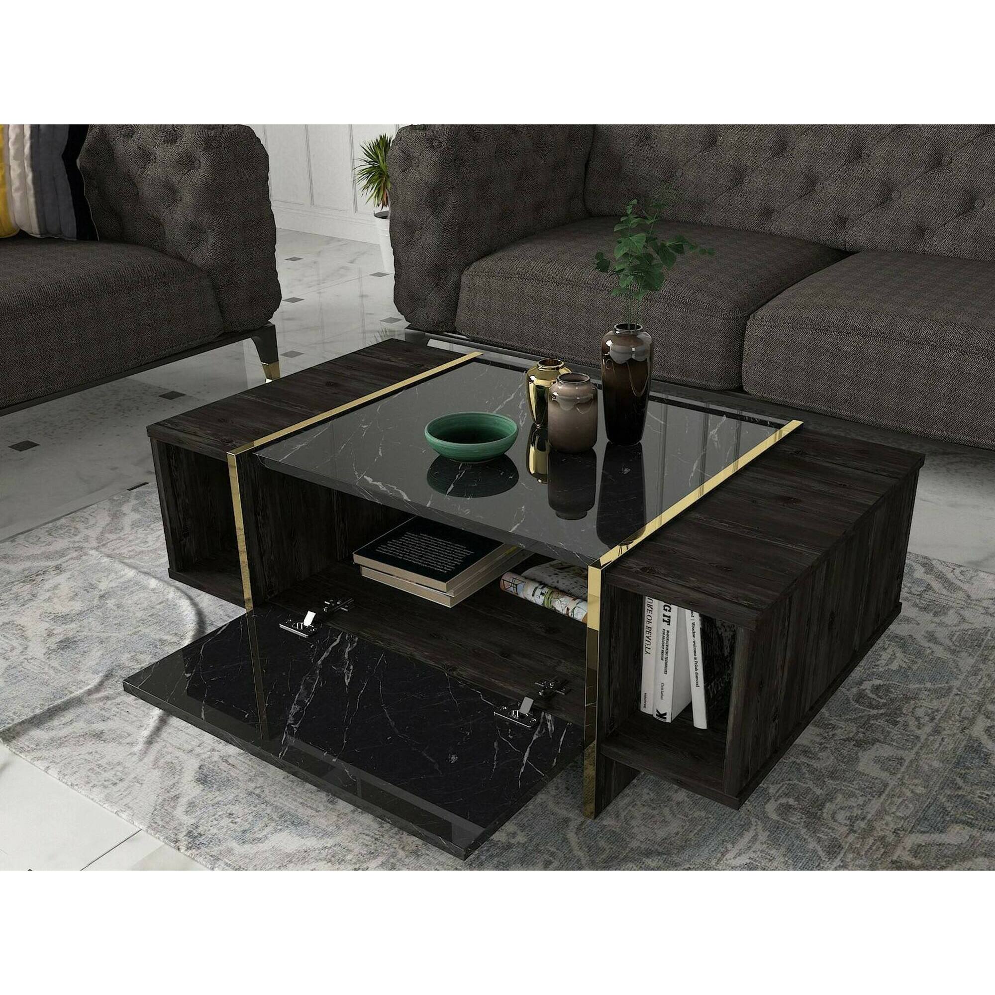 Tavolino da salotto Dpagliar, Tavolo basso da caffè, Portariviste per divano, Ripiano da soggiorno, 104x60h37 cm, Nero e Oro