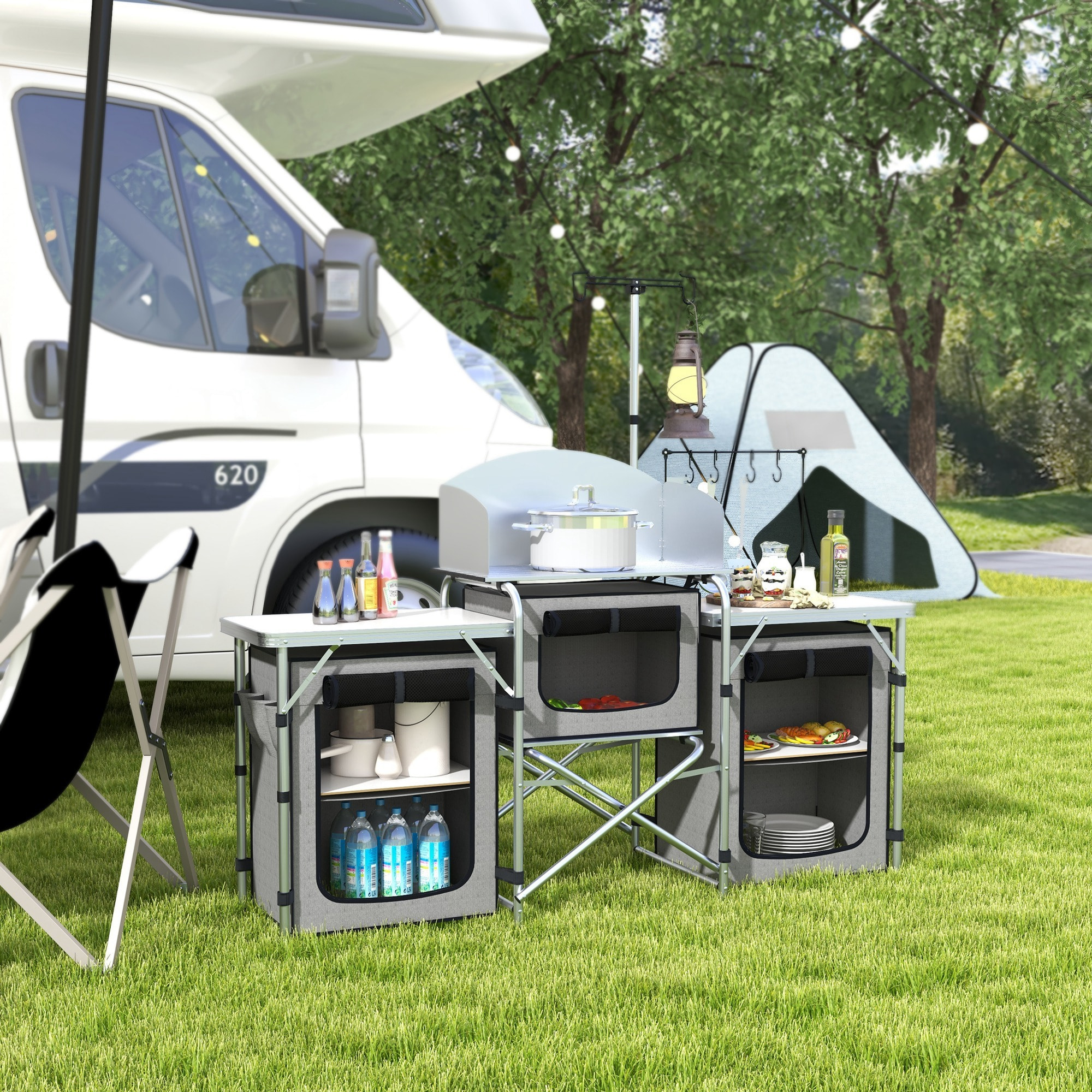 Mueble Cocina Camping Armario Camping Plegable con Mesas Armarios Ganchos Estructura de Aluminio Poste de Luz Ajustable Paravientos y Bolsa de Transporte para Acampada 172x48x130 cm Gris