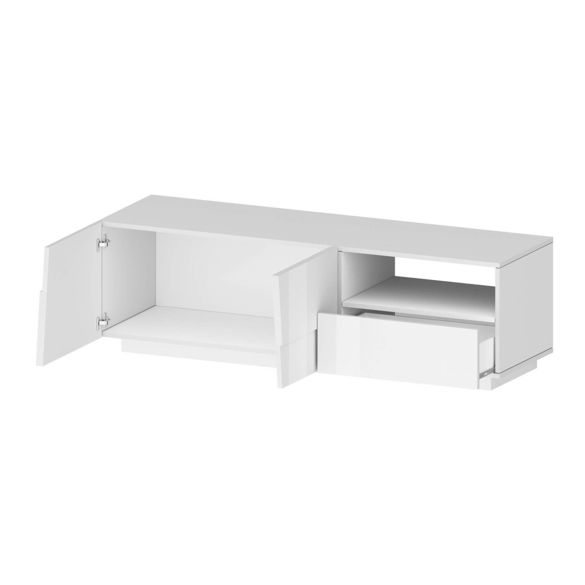 Mobile porta TV Dcoulibal, Credenza bassa da soggiorno con 2 ante e 1 cassetto, Base porta TV, 150x44h46 cm, Bianco lucido