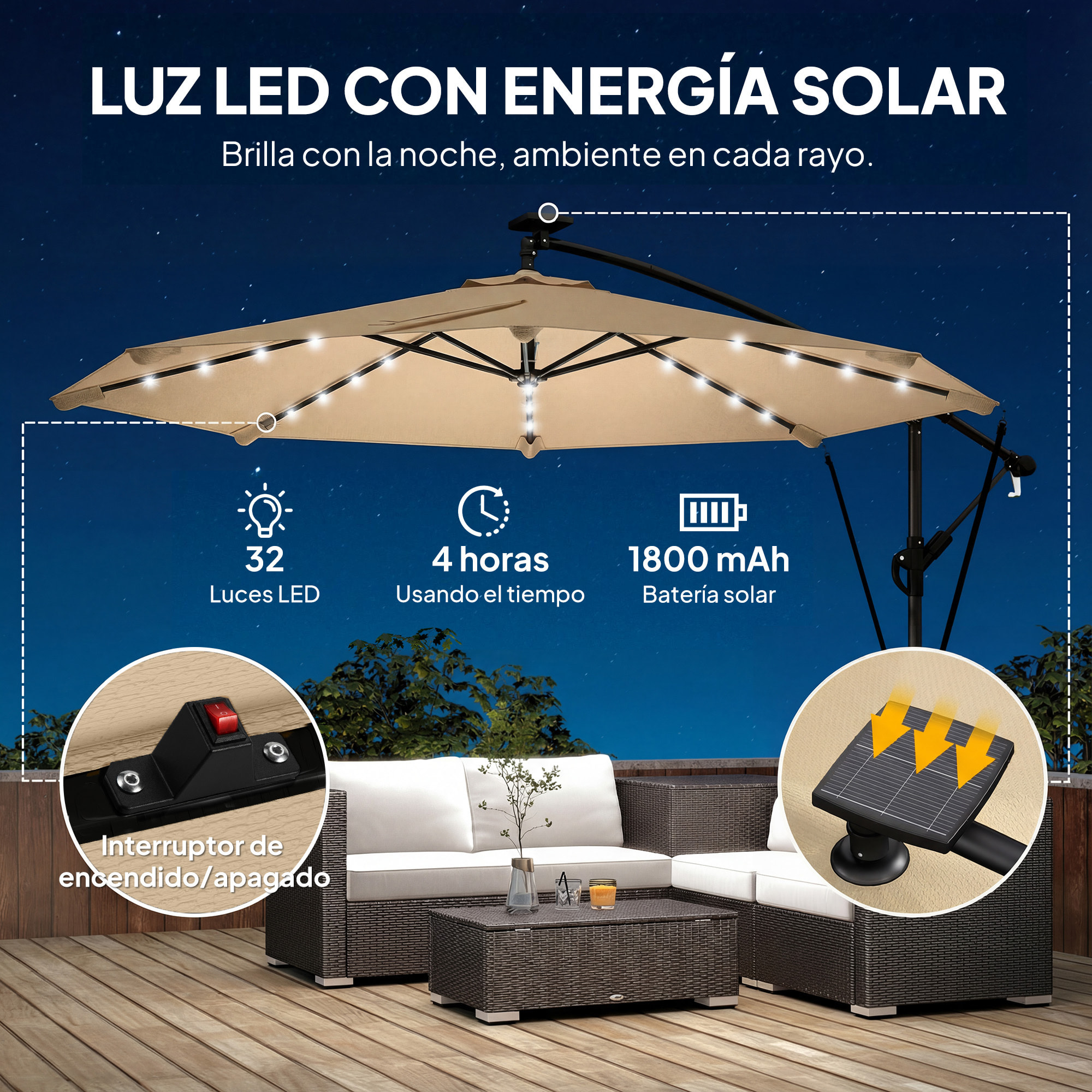 Parasol Excéntrico con Luces LED Solares, Ø330 cm, Sombrilla de Jardín con Base Cruzada, Manivela, Funda Protectora y Cuerda de Viento, Anti-UV 50+, para Terraza, Patio, Caqui