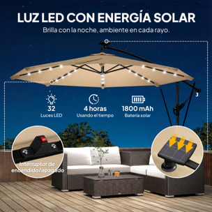 Parasol Excéntrico con Luces LED Solares, Ø330 cm, Sombrilla de Jardín con Base Cruzada, Manivela, Funda Protectora y Cuerda de Viento, Anti-UV 50+, para Terraza, Patio, Caqui