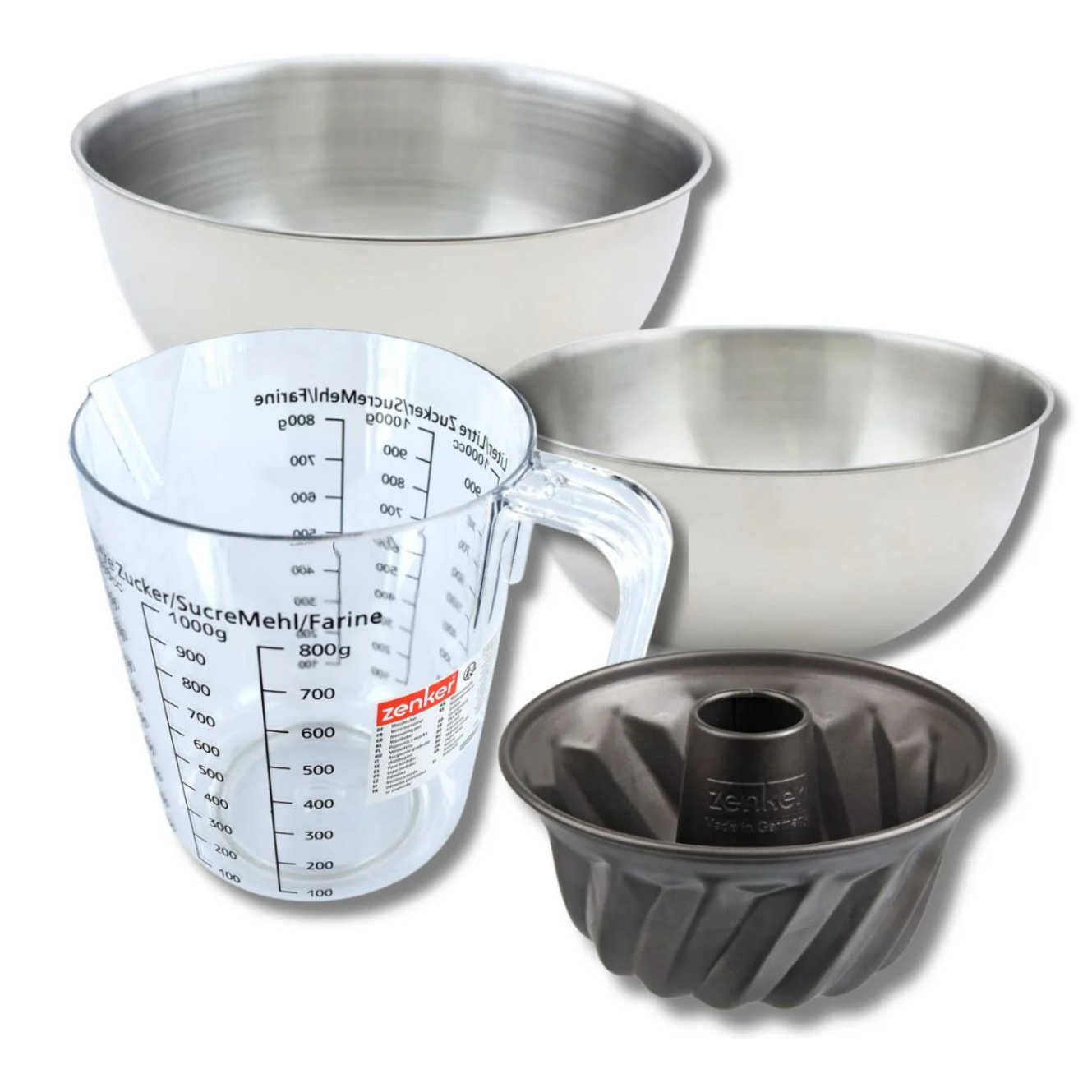 Set pâtisserie avec mini moule à kouglof 18 cm, 2 bols à mixer, verre mesureur et spatule Zenker