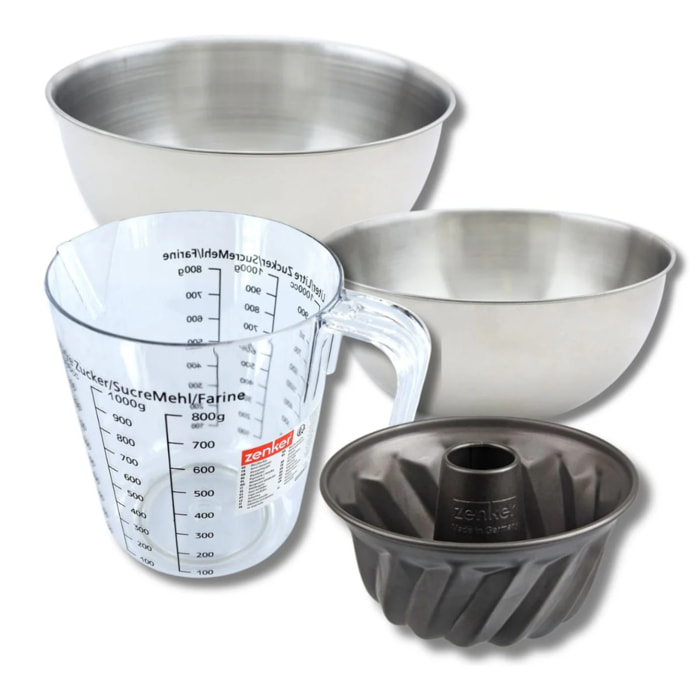 Set pâtisserie avec mini moule à kouglof 18 cm, 2 bols à mixer, verre mesureur et spatule Zenker