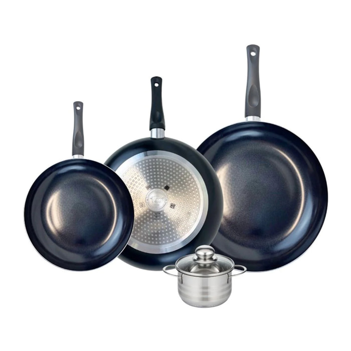 Ensemble de 3 Poêles de cuisson 24, 28 et 32 cm et 1 faitout 12 cm Elo Prima Brillant
