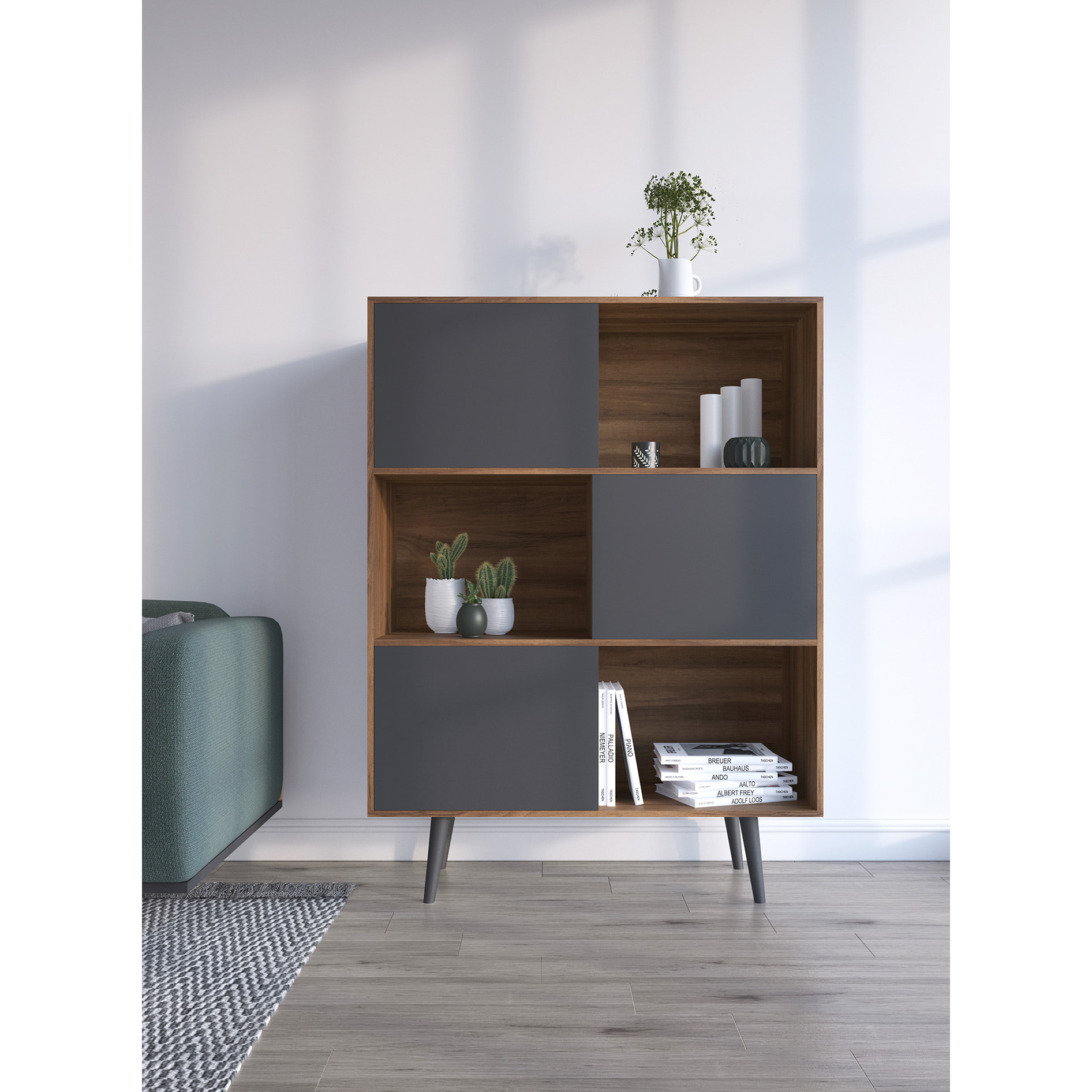 Estantería librería Nordic melamina nogal-grafito 131x100x30 cm