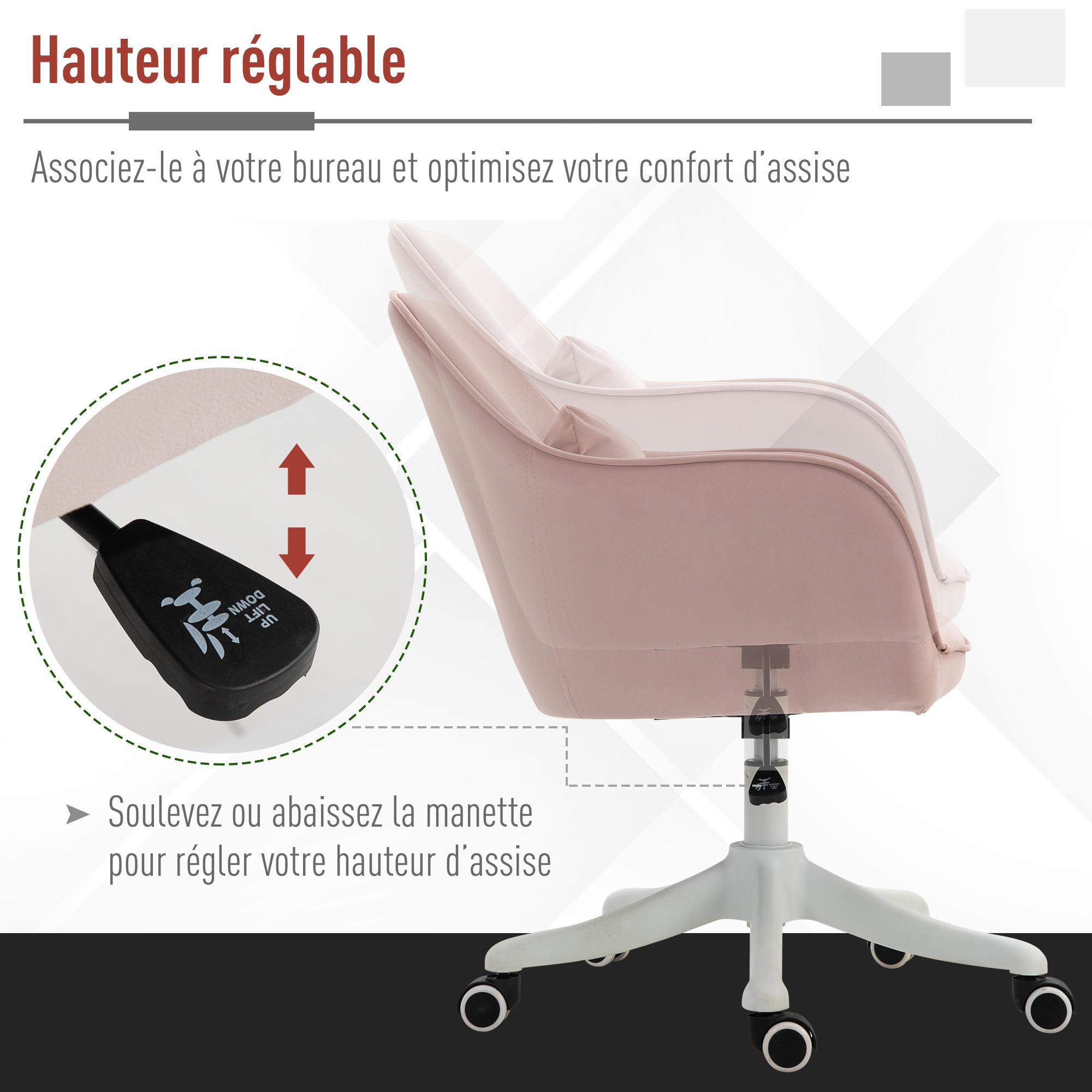Homcom - Chaise de bureau velours fauteuil bureau massant coussin lombaire  intégré hauteur réglable pivotante 360° rose poudré