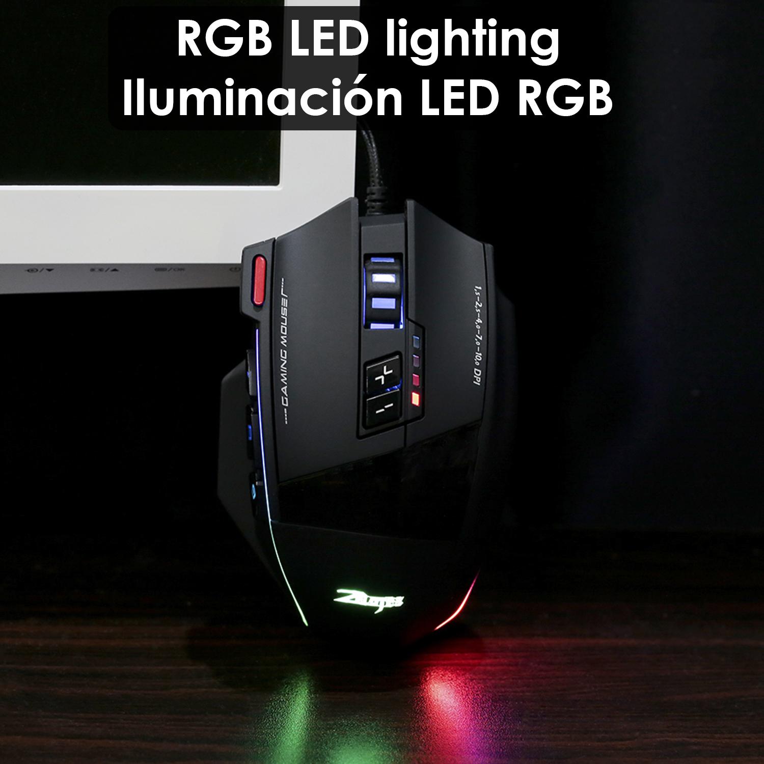 Ratón gaming C-13, hasta 10.000DPI, 1000Hz, 13 botones programables, peso ajustable. Iluminación LED RGB.