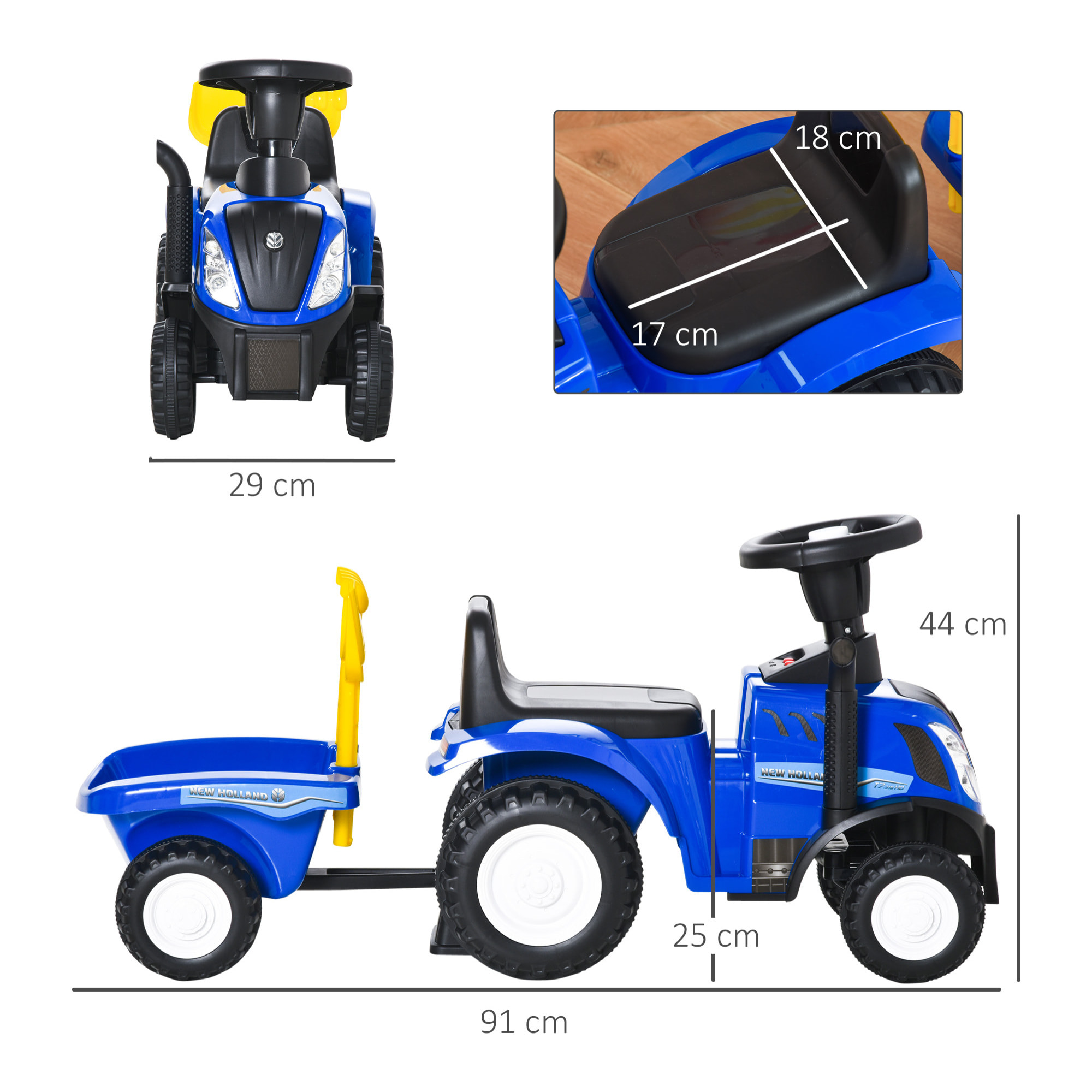 Tractor para Niños de 12-36 Meses con Remolque Extraíble Coche Correpasillos con Bocina Faros Pala Asiento de Suelo 25 cm y Rastrillo Carga 25 kg 91x29x44 cm Azul