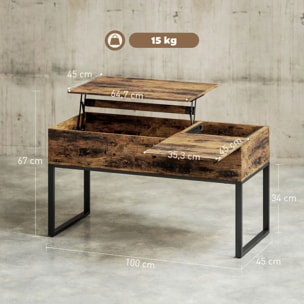 Mesa de Centro Elevable Mesa de Café con Encimera Deslizante Cierre Suave Espacio Oculto de Almacenaje 100x45x67 cm Marrón Rústico