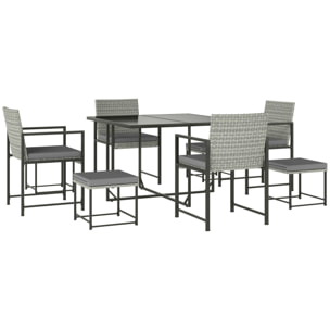 Conjunto de Muebles de Jardín Exterior de Ratán de 9 Piezas Conjunto de Jardin Exterior de Ratán Sintético con Mesa con Vidrio Templado 4 Sillas 4 Taburetes Impermeables Cojines Gris