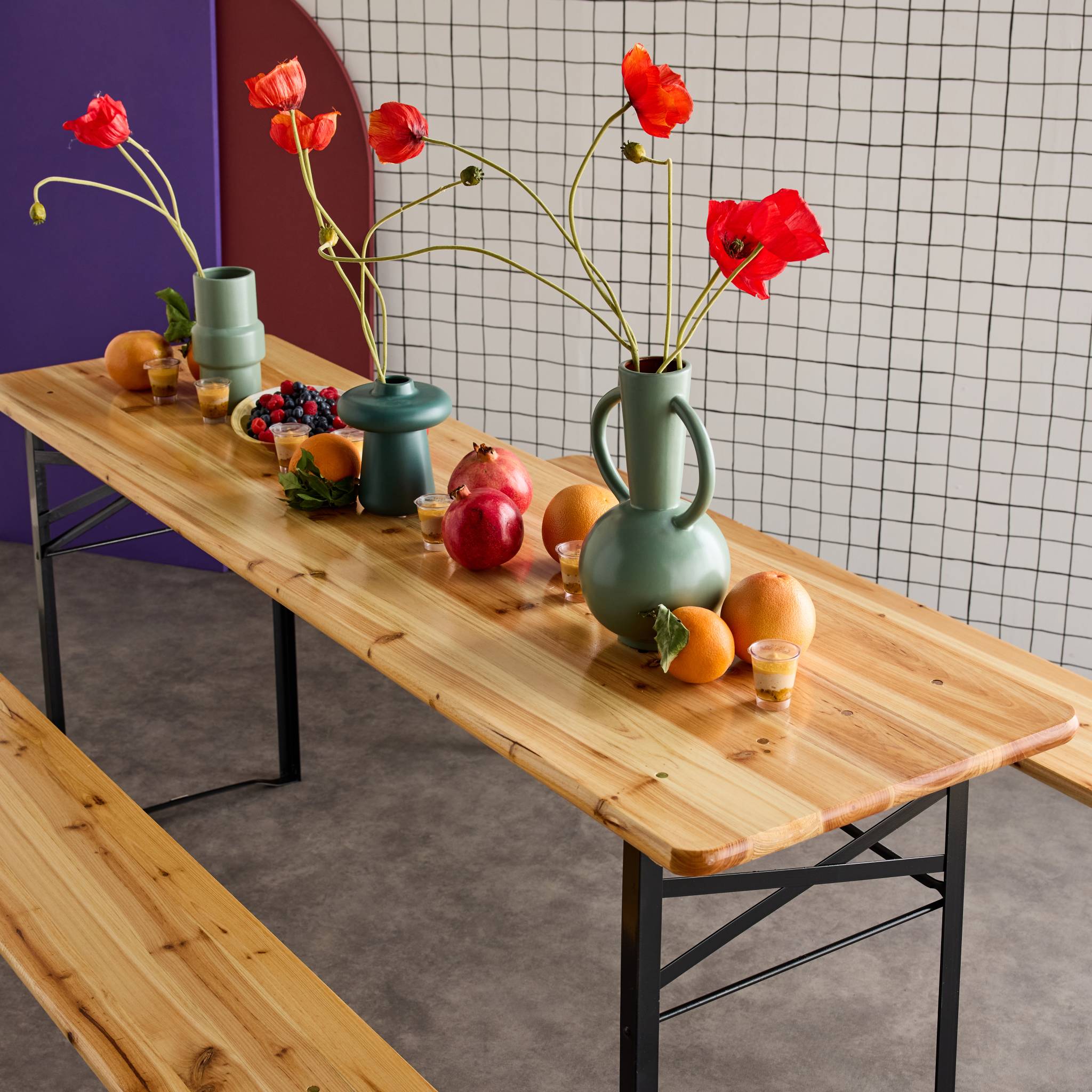 Table de jardin pliante bois de sapin + 2 bancs BAYONNE – Esprit brasserie. pliable. 6 personnes