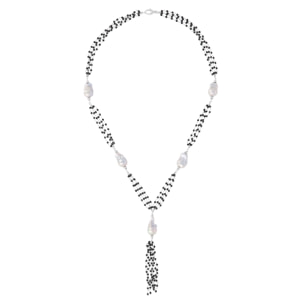 PERLAVIVA - Collana Rosario a Cravatta con Perle Barocche d'Acqua Dolce e Spinello Nero Ø 14/16 mm in Argento 925 placcato Rodio