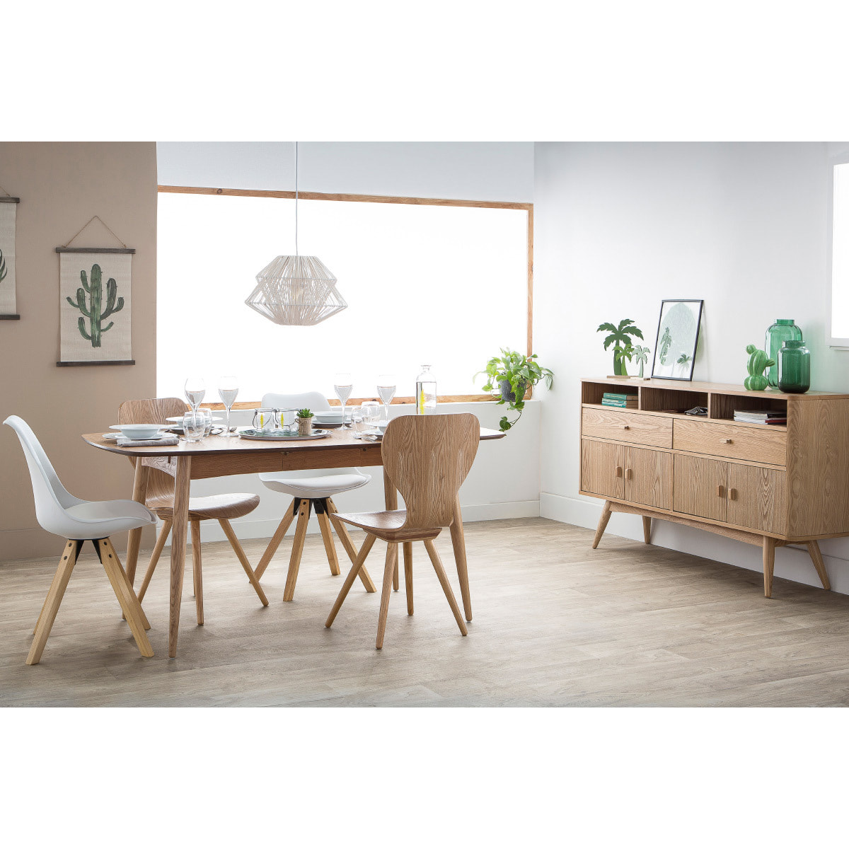 Buffet vintage en bois clair 4 portes 2 tiroirs L160 cm NORDECO