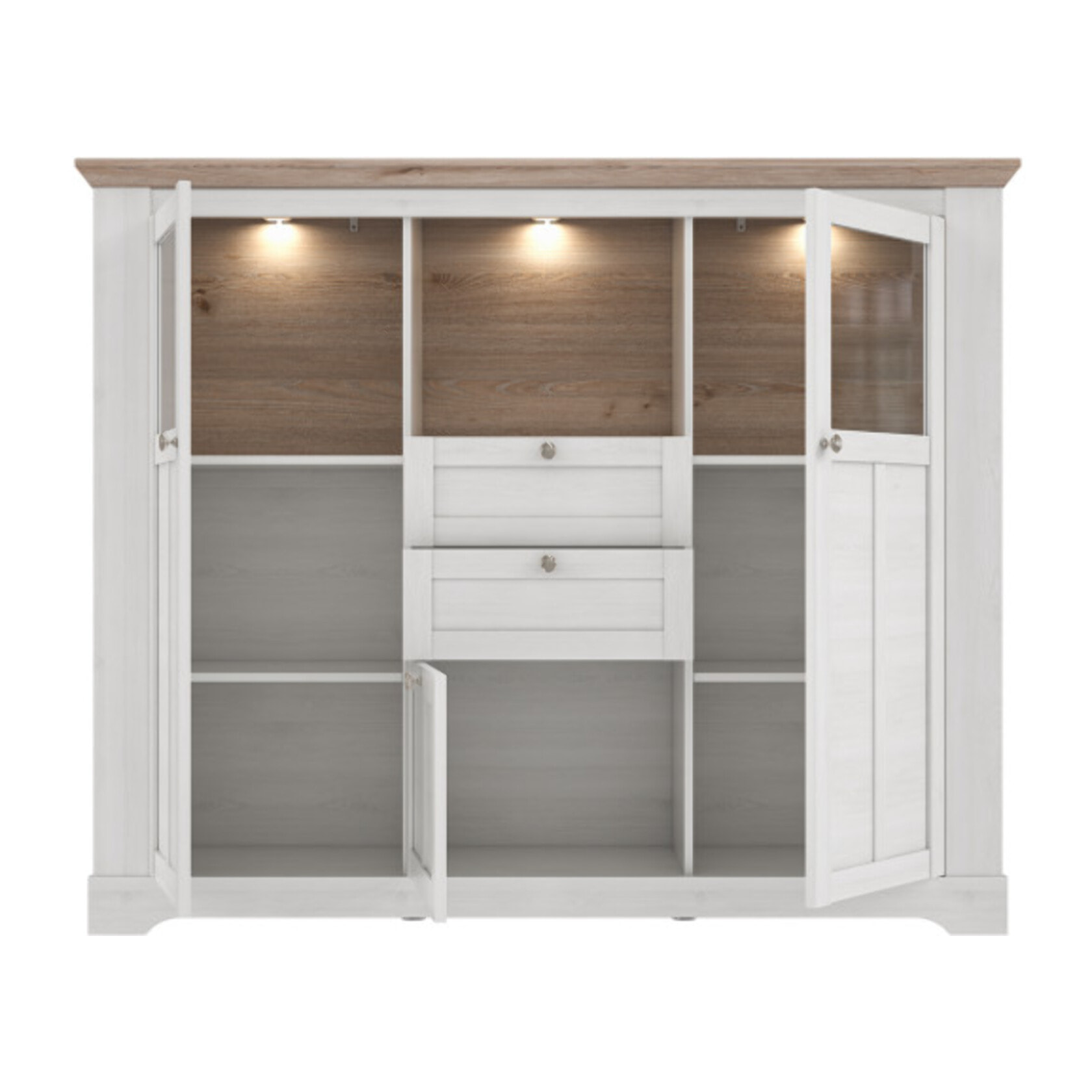 Buffet vitrine en bois effet chêne clair blanchi avec éclairage LED - ILONA
