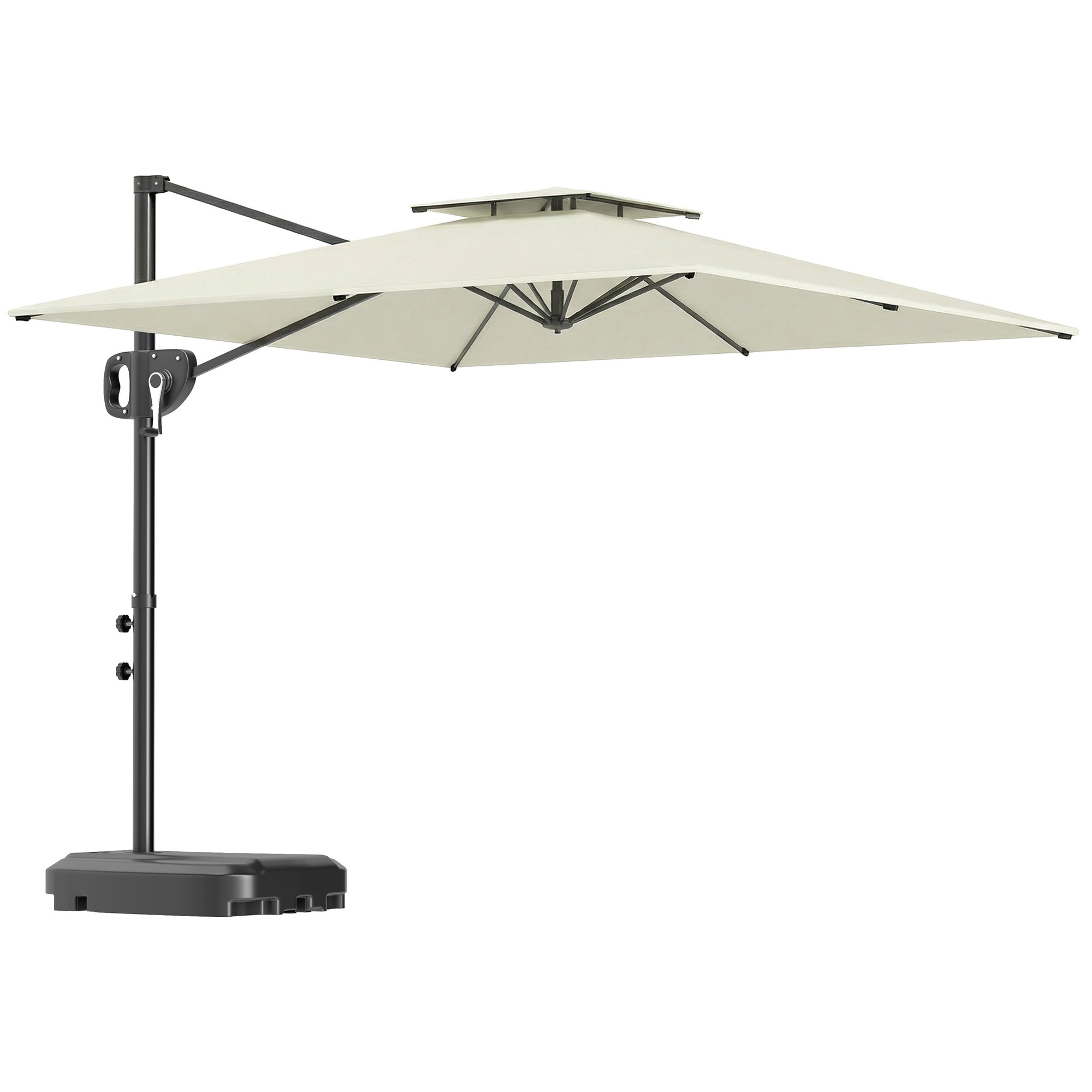 Parasol déporté carré 2,5 x 2,5 m avec base de lestage - inclinaison réglable - métal époxy tissu crème