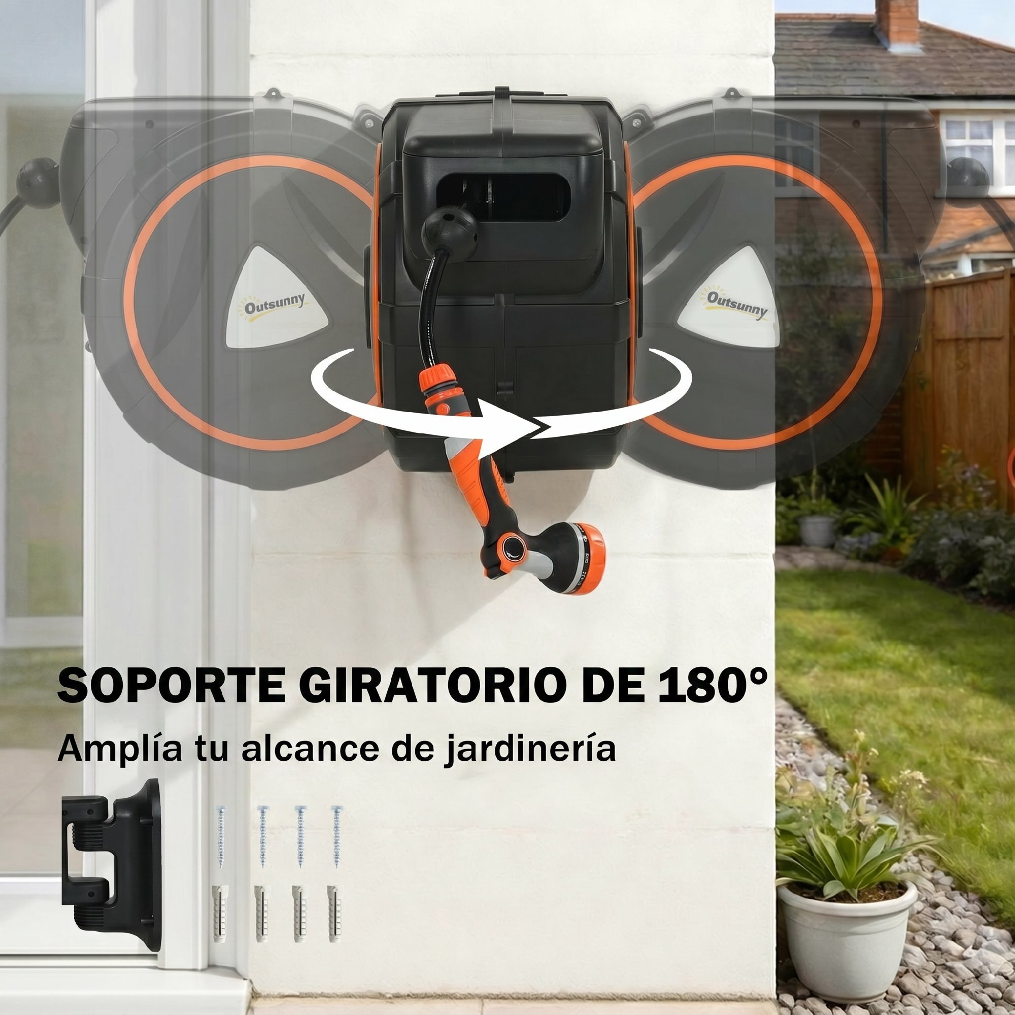Enrollador de Manguera para Jardín 23+2 m con 12 Modos de Rociado, Carrete de Manguera de Jardín de Pared con Bloqueo Automático y Retracción Controlada, Soporte Orientable 180°, Naranja