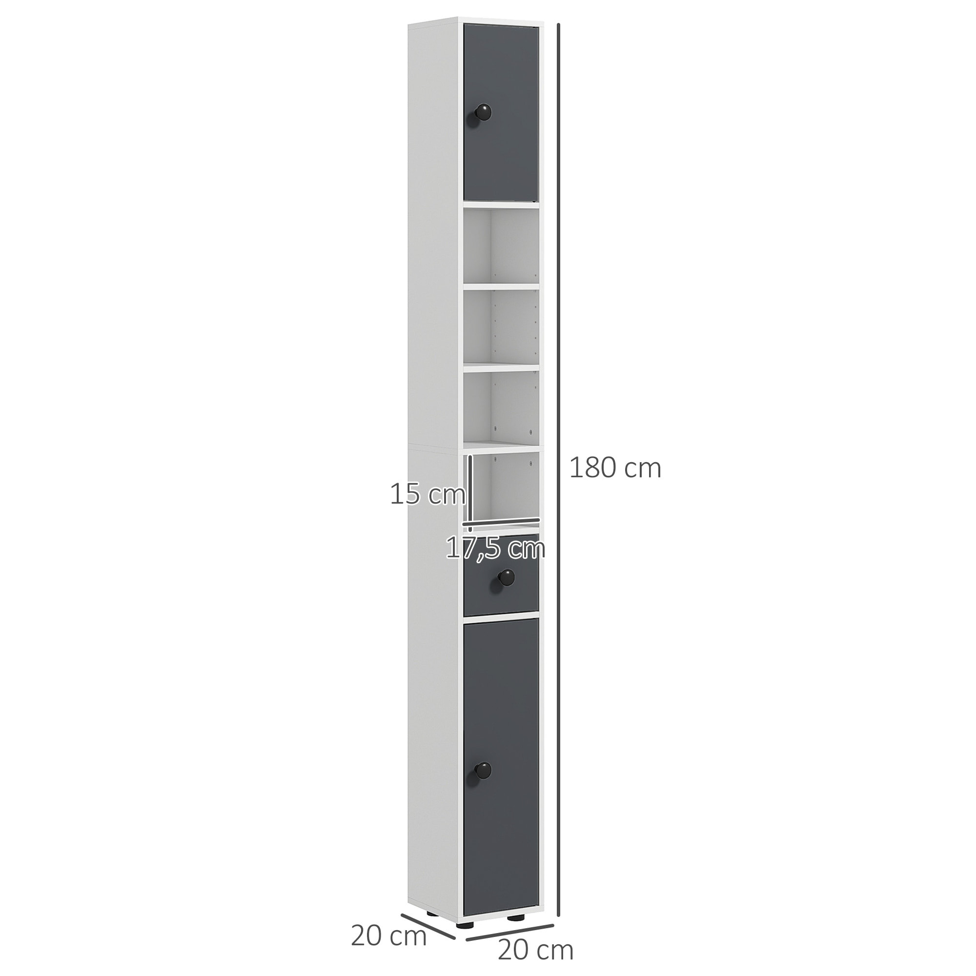 Columna de Baño Moderna Armario Alto de Baño con 1 Cajón 5 Estantes Ajustables y 2 Puertas Mueble de Baño Carga 30 kg 20x20x180 cm Gris