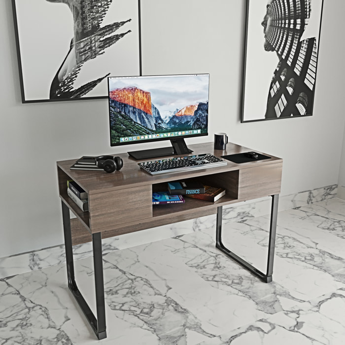 Scrivania Con 3 Ripiani Aperti Legno Gambe In Metallo Scrittoio Mobile Computer Desk Ufficio Studio Cameretta Soggiorno Design 110x76.5x55 cm Marrone
