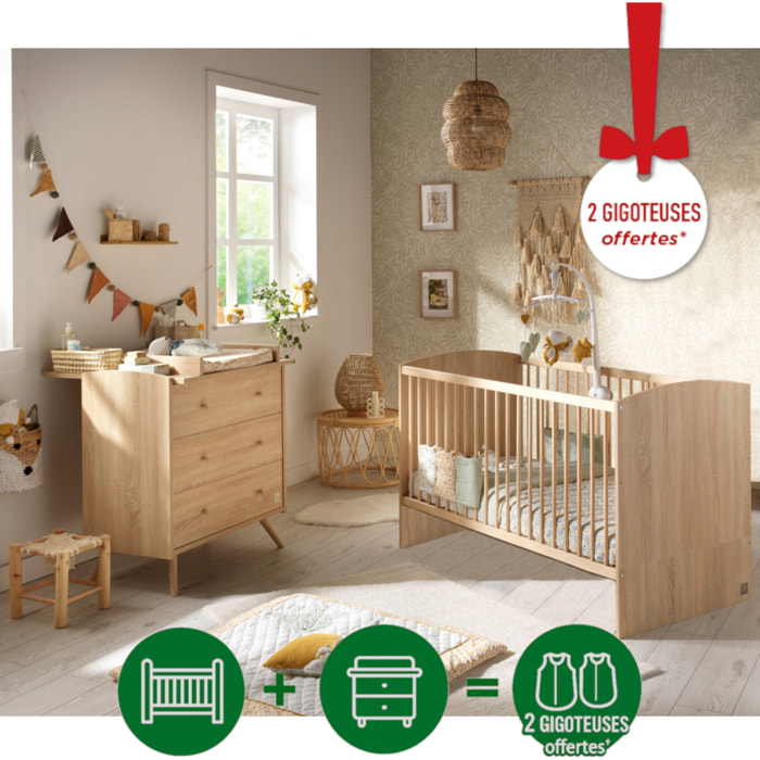Chambre bébé évolutive Access, Lit 140x70 et Commode à langer - Chêne doré