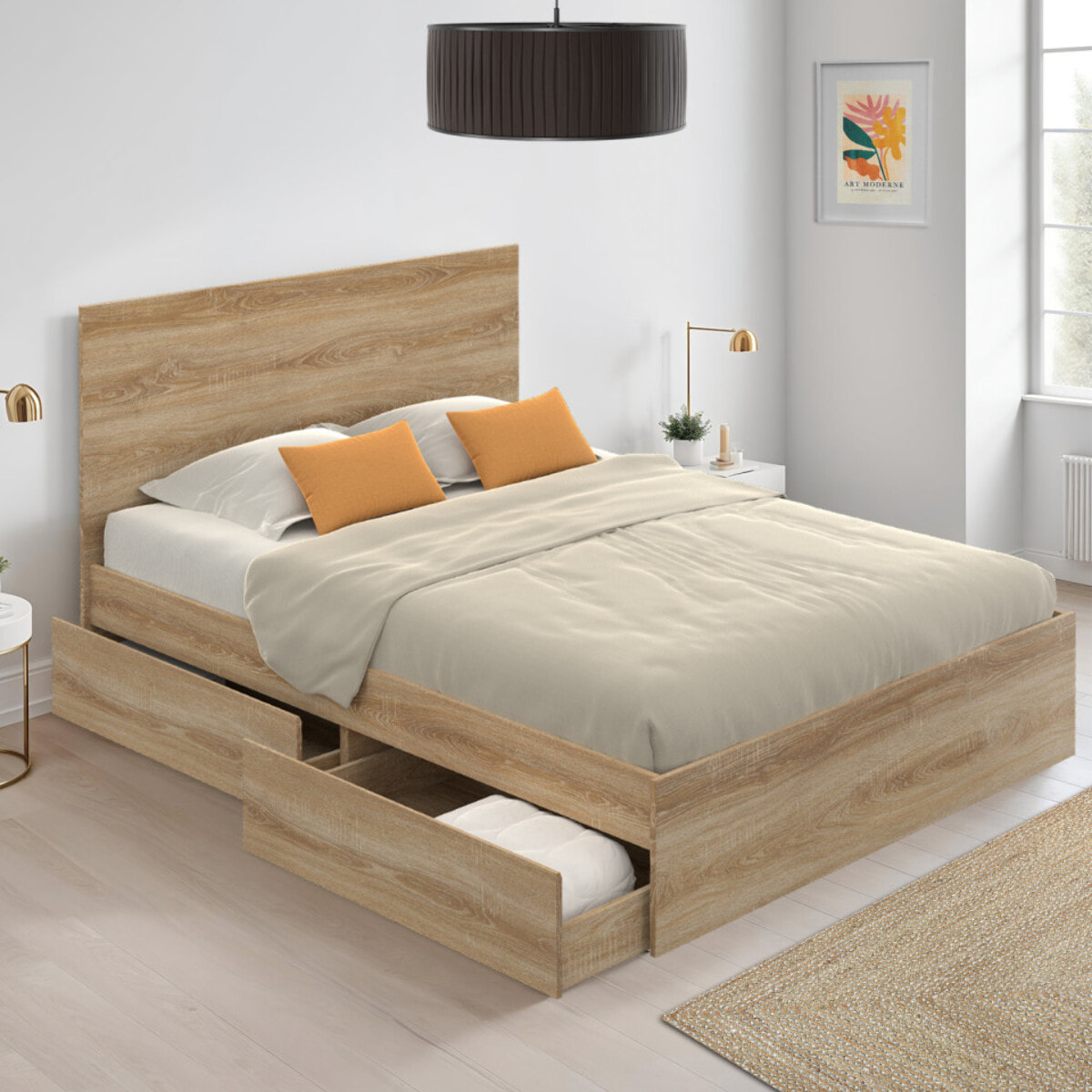 Lit Oklahoma 140x190cm effet hêtre avec tiroirs