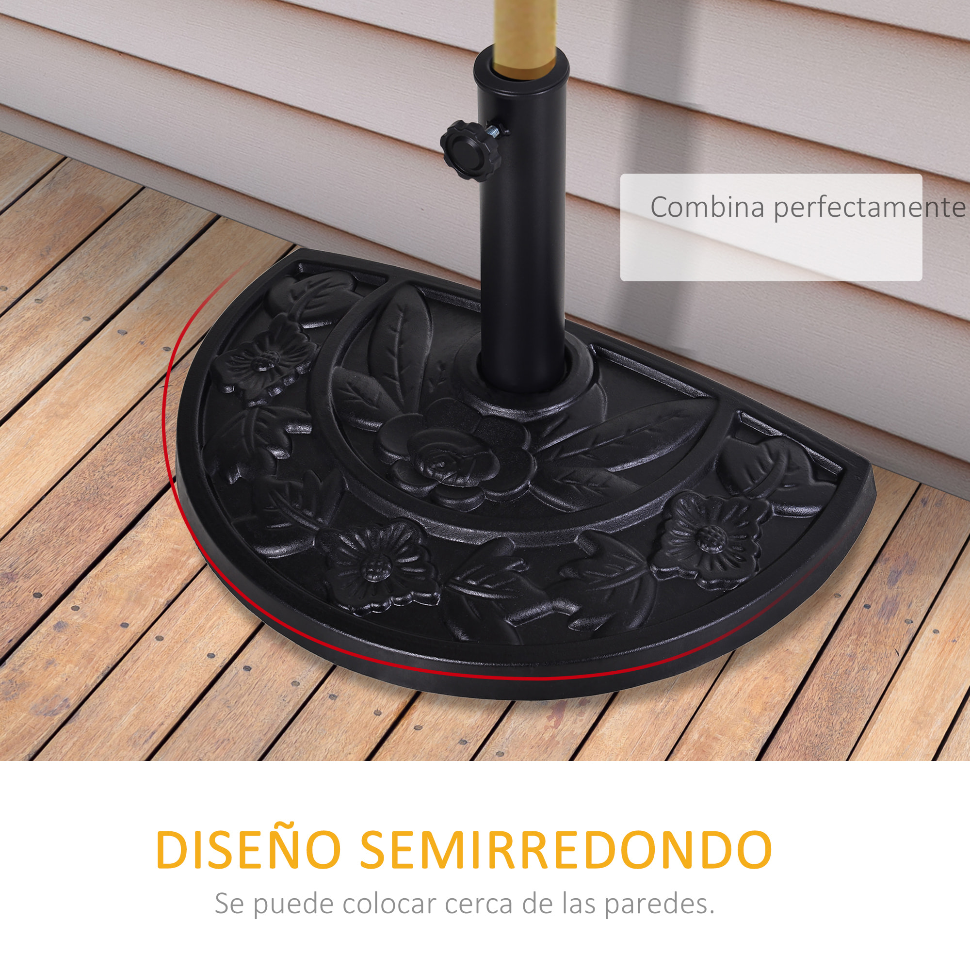 Base de Sombrilla Semicírculo Peso 9 kg Soporte para Parasol de Resina para Poste de Paraguas de Ø3,8 cm y Ø4,8 cm para Terraza Patio Jardín Playa 50x31x32 cm Negro