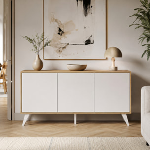 Credenza Moderna Madia 3 Ante Senza Maniglie Design Minimal Con Piedini RialzatiPer Soggiorno Ingresso Corridoio 154 x 72 x 40 Cm Bianco e Rovere