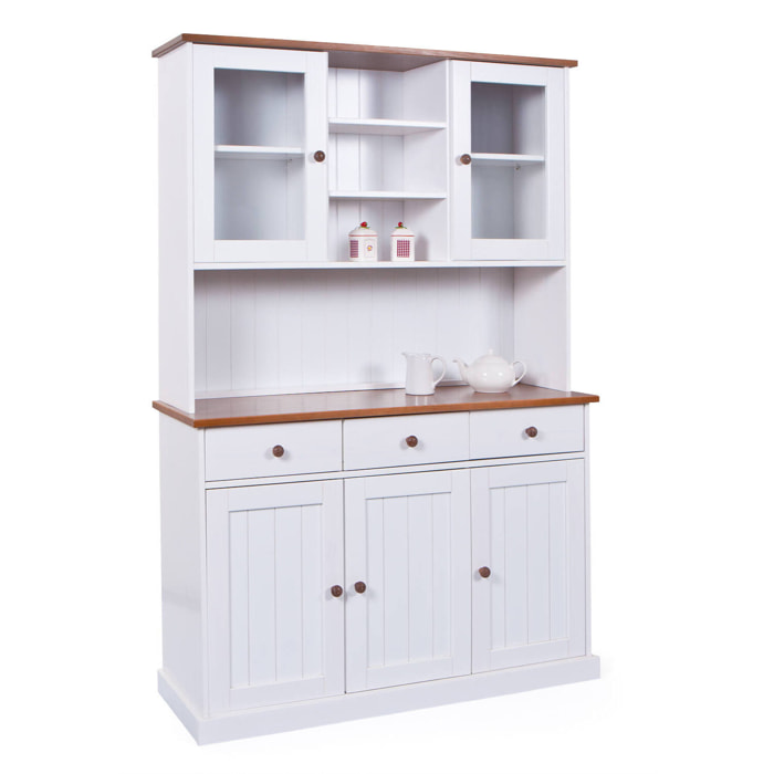 Credenza a tre ante e tre cassetti con vetrinetta superiore, colore bianco con dettagli marrone, cm 131 x 181 x 45