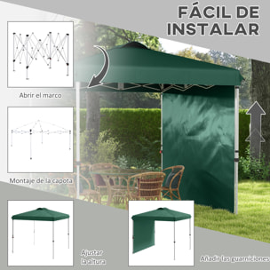 Carpa Plegable 2,5x2,5 m Cenador de Jardín con 1 Pared Lateral Altura Ajustable en 3 Niveles Anti-UV Impermeable y Bolsa de Arena para Camping Fiestas Verde