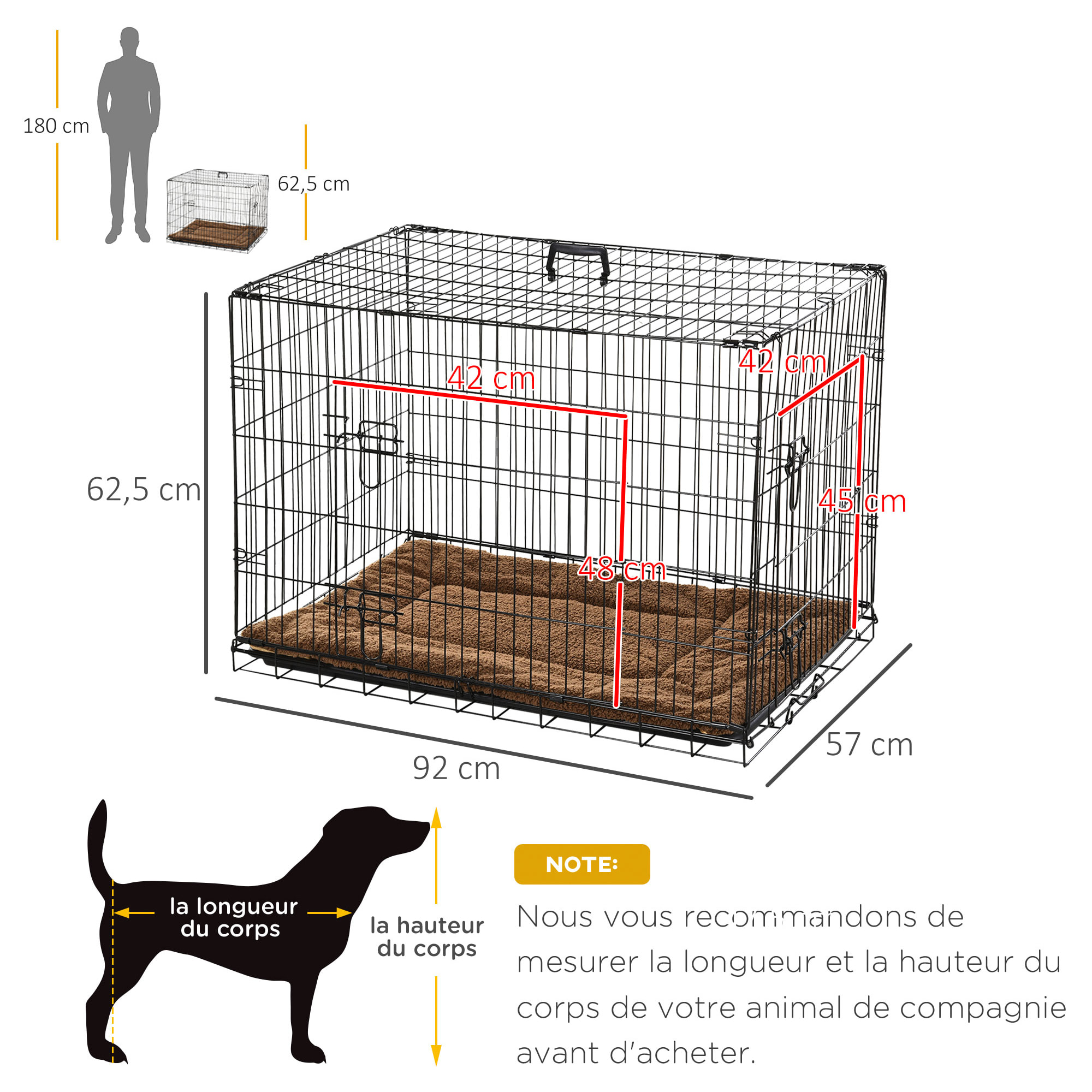 Cage caisse de transport pliante pour chien poignée, plateau amovible, coussin fourni 92 x 57 x 62,5 cm