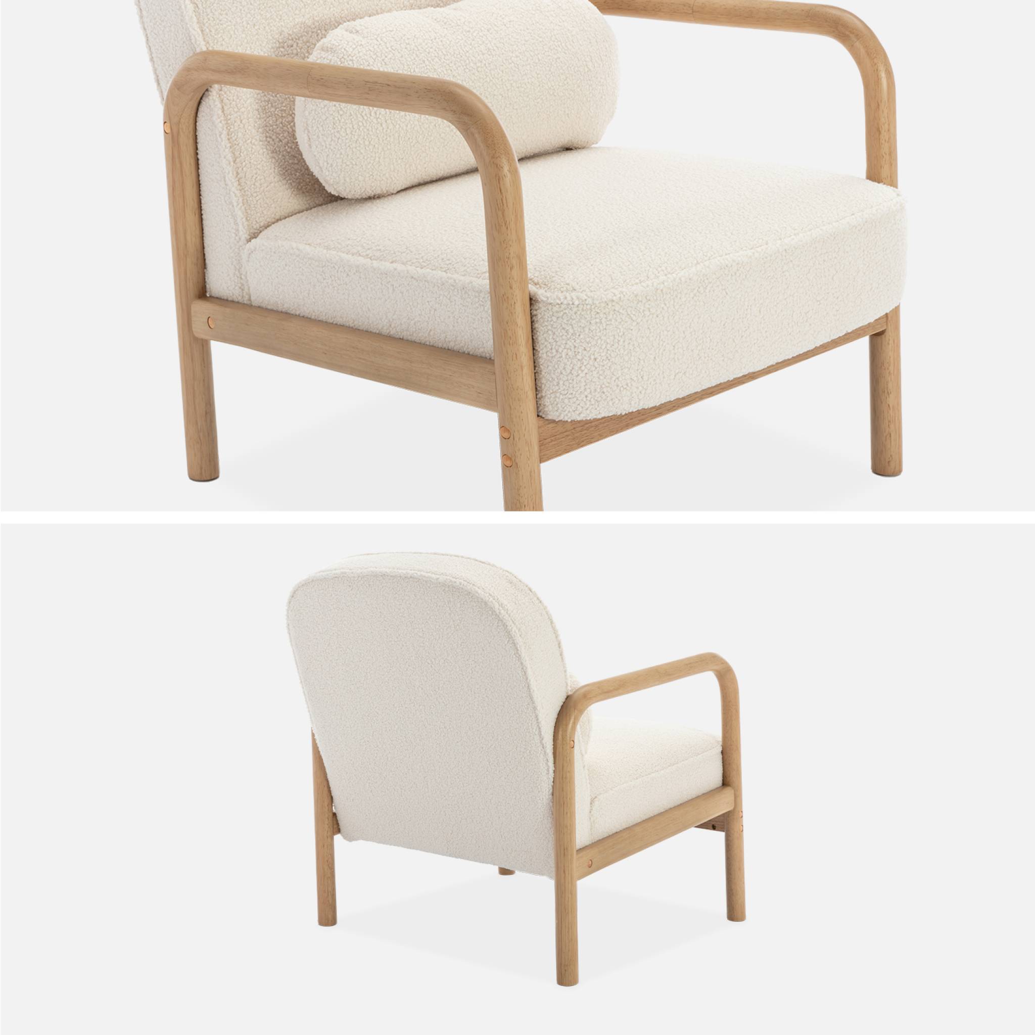 Fauteuil scandinave bois d'hévéa et dossier arrondi en bouclette blanche - AMELIE