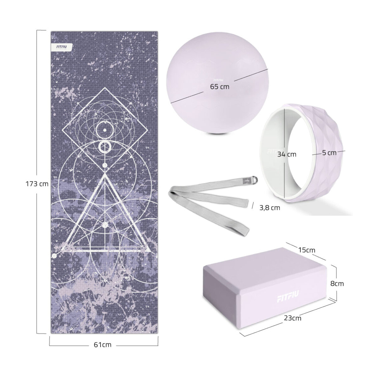 Kit de Yoga y Pilates LILA 5 accesorios con esterilla, bloque, pelota, rueda y correa