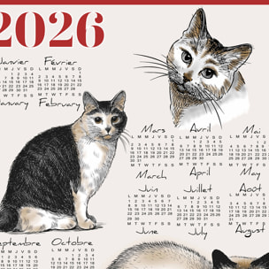 Torchon calendrier 2026 motif chats coton - Rouge