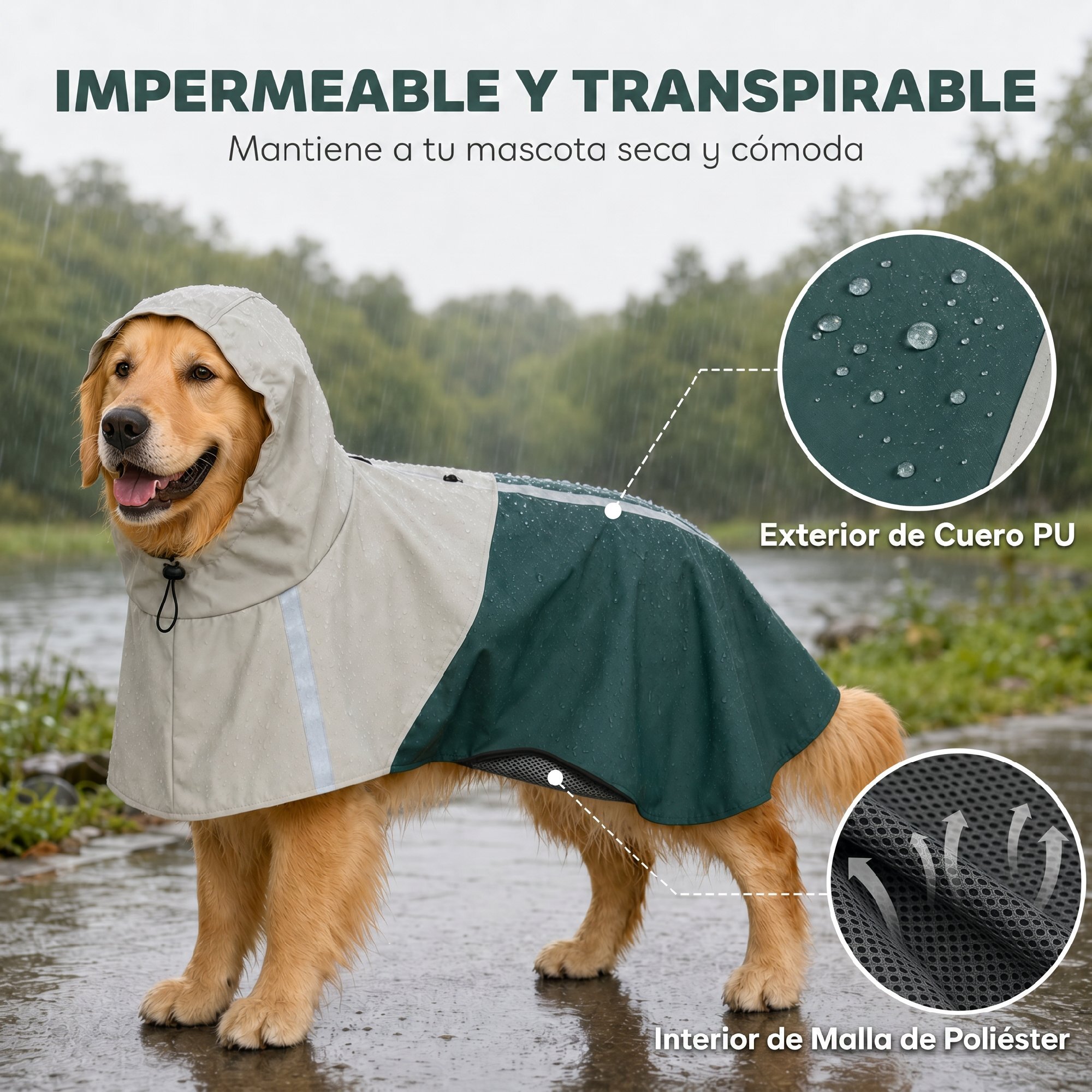 Impermeable para Perros con Capucha, Chubasquero Impermeable y Transpirable con Agujero para Correa, Tiras Reflectantes, Poncho Ajustable para Perros Grandes de 20-30 kg, L, Verde